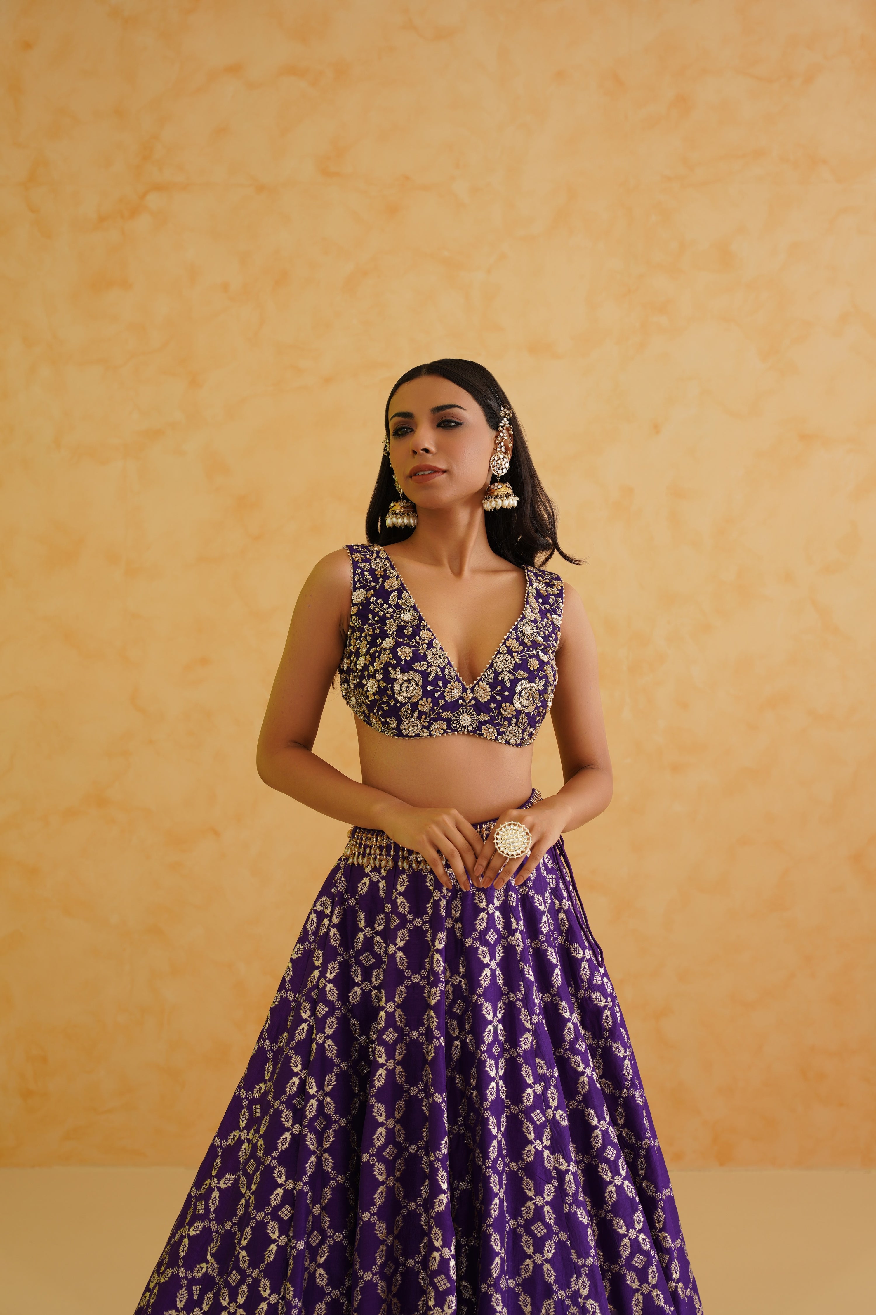 PURPLE BROCADE LEHENGA, BLOUSE AND DUPATTA SET