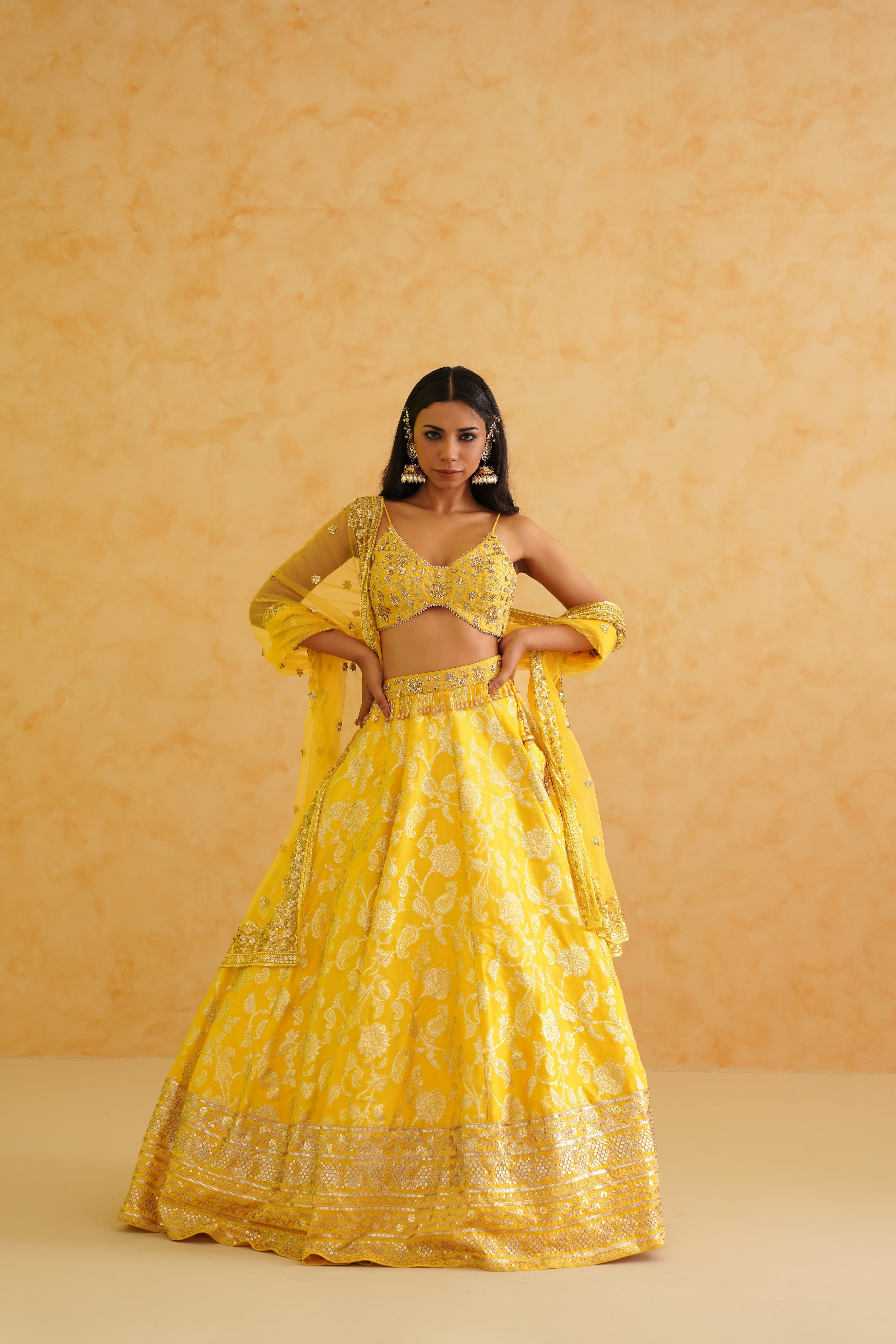 YELLOW BROCADE LEHENGA, BLOUSE AND DUPATTA SET