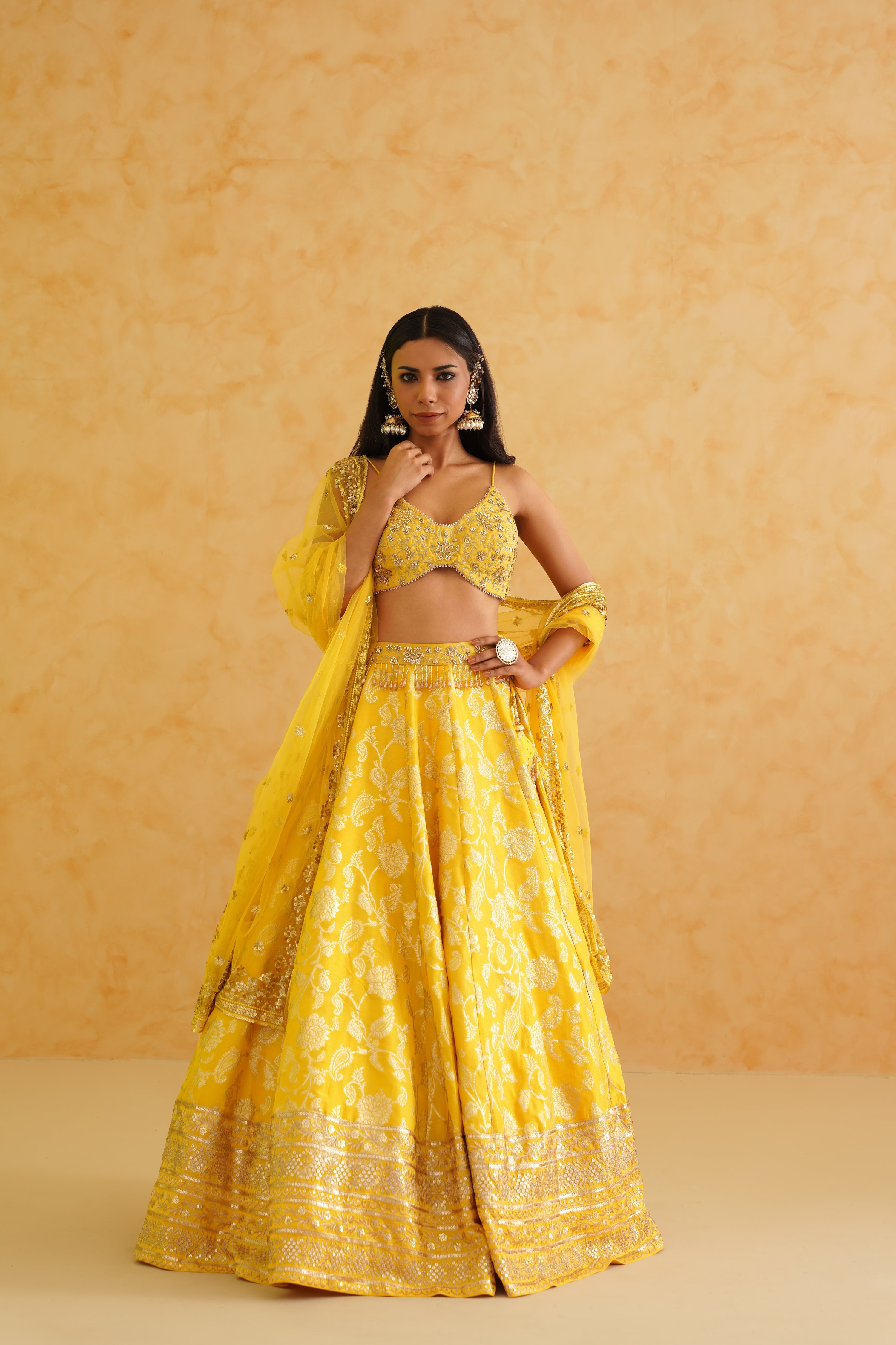 YELLOW BROCADE LEHENGA, BLOUSE AND DUPATTA SET