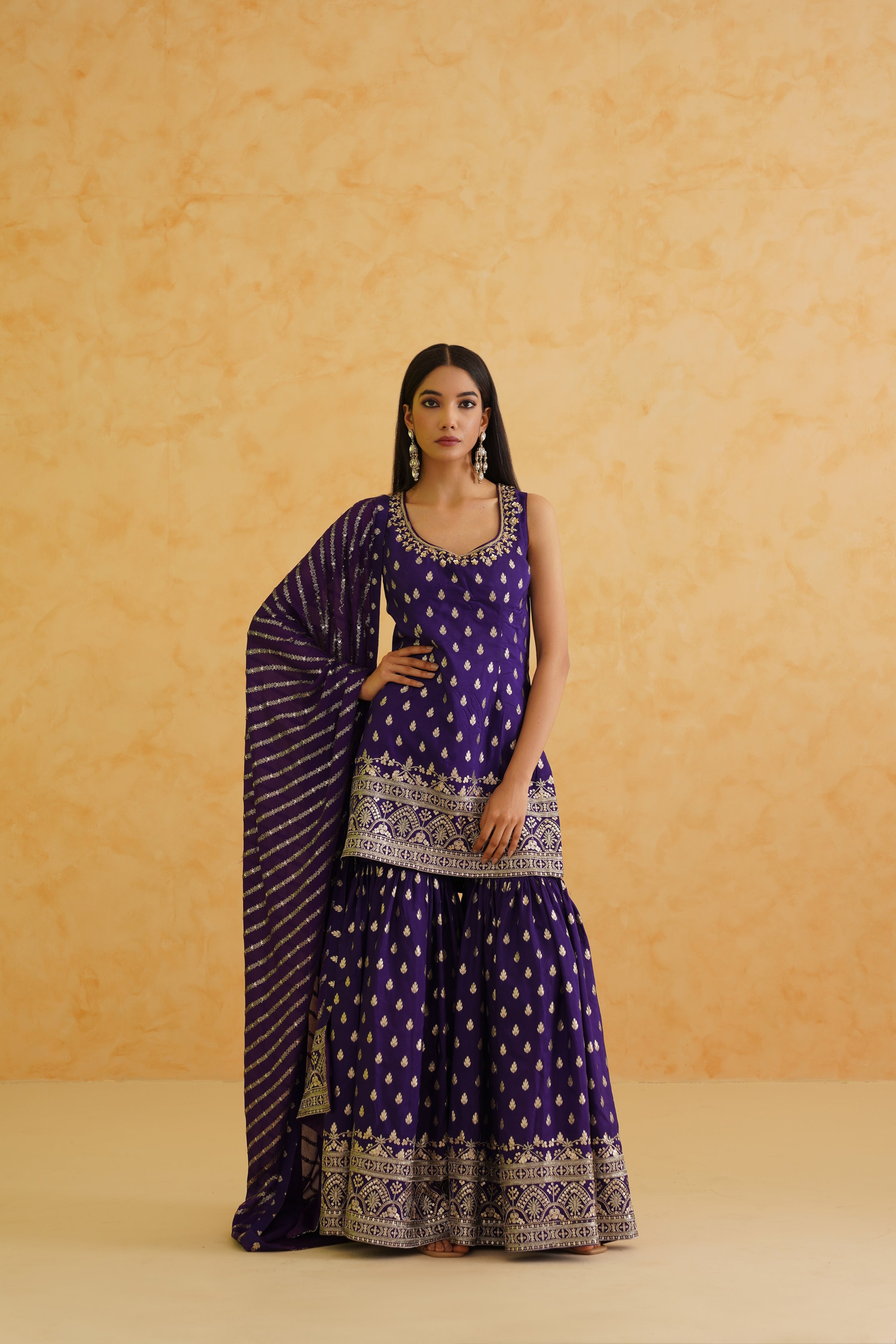 PURPLE BROCADE KURTI SHARARA SET