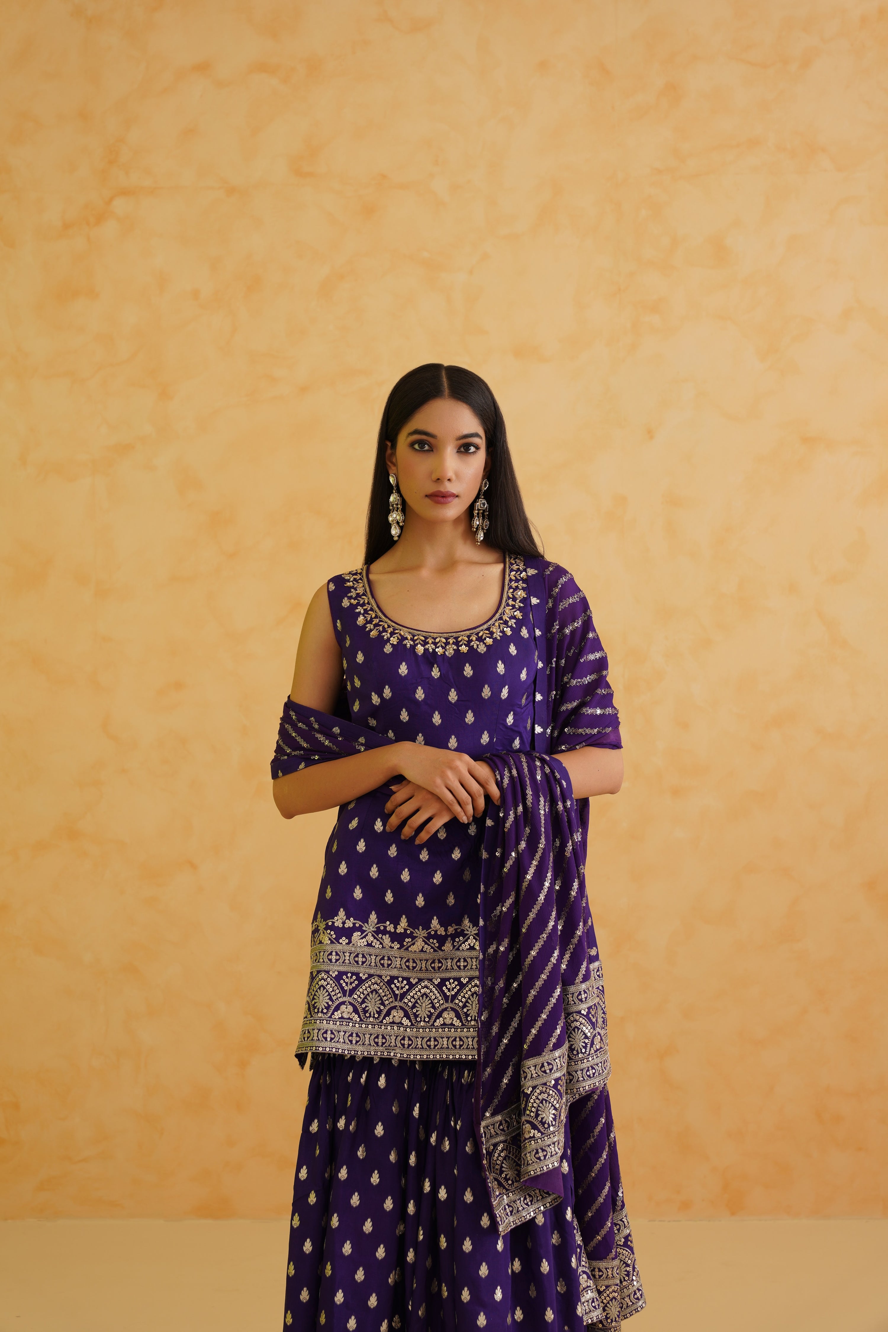 PURPLE BROCADE KURTI SHARARA SET