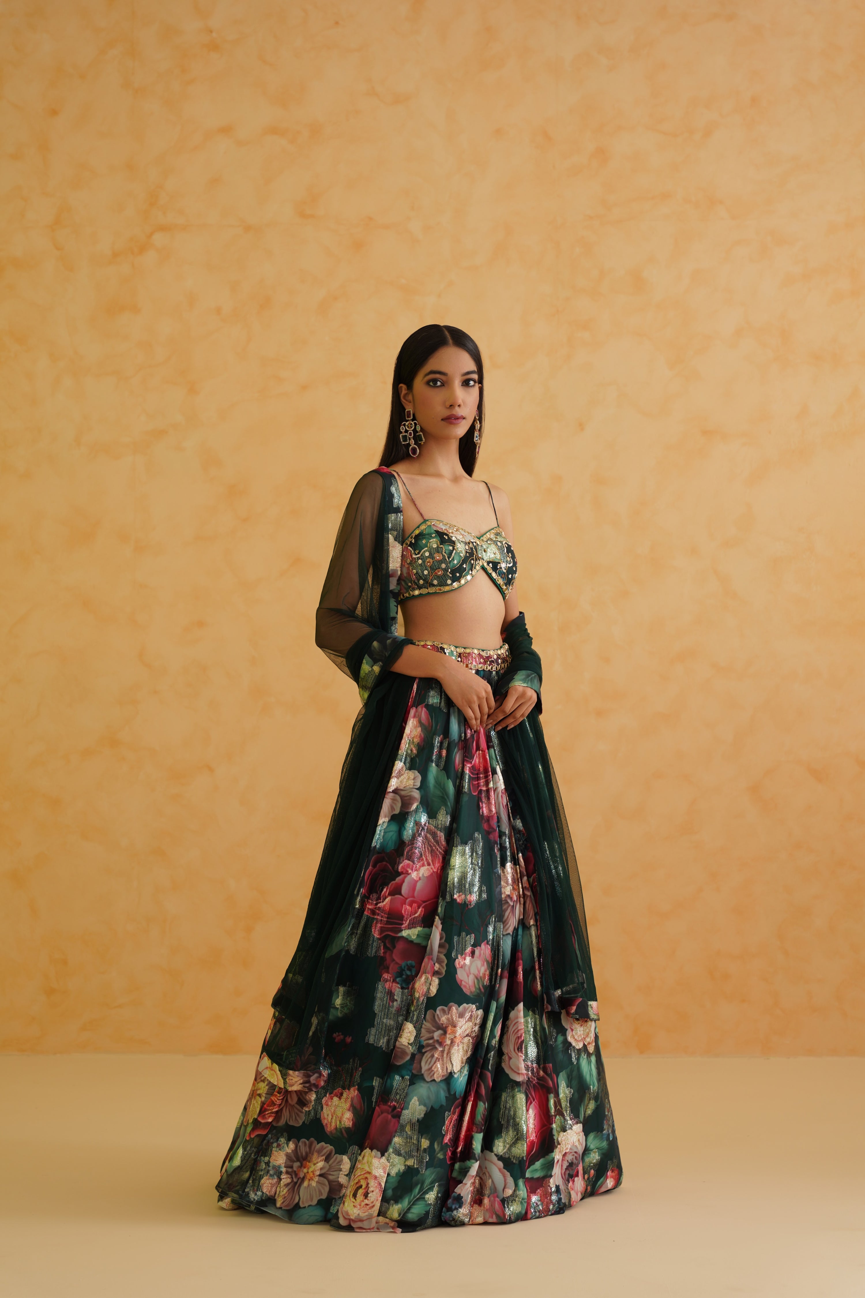 GREEN PRINTED GEORGETTE LEHENGA, BLOUSE AND DUPATTA SET