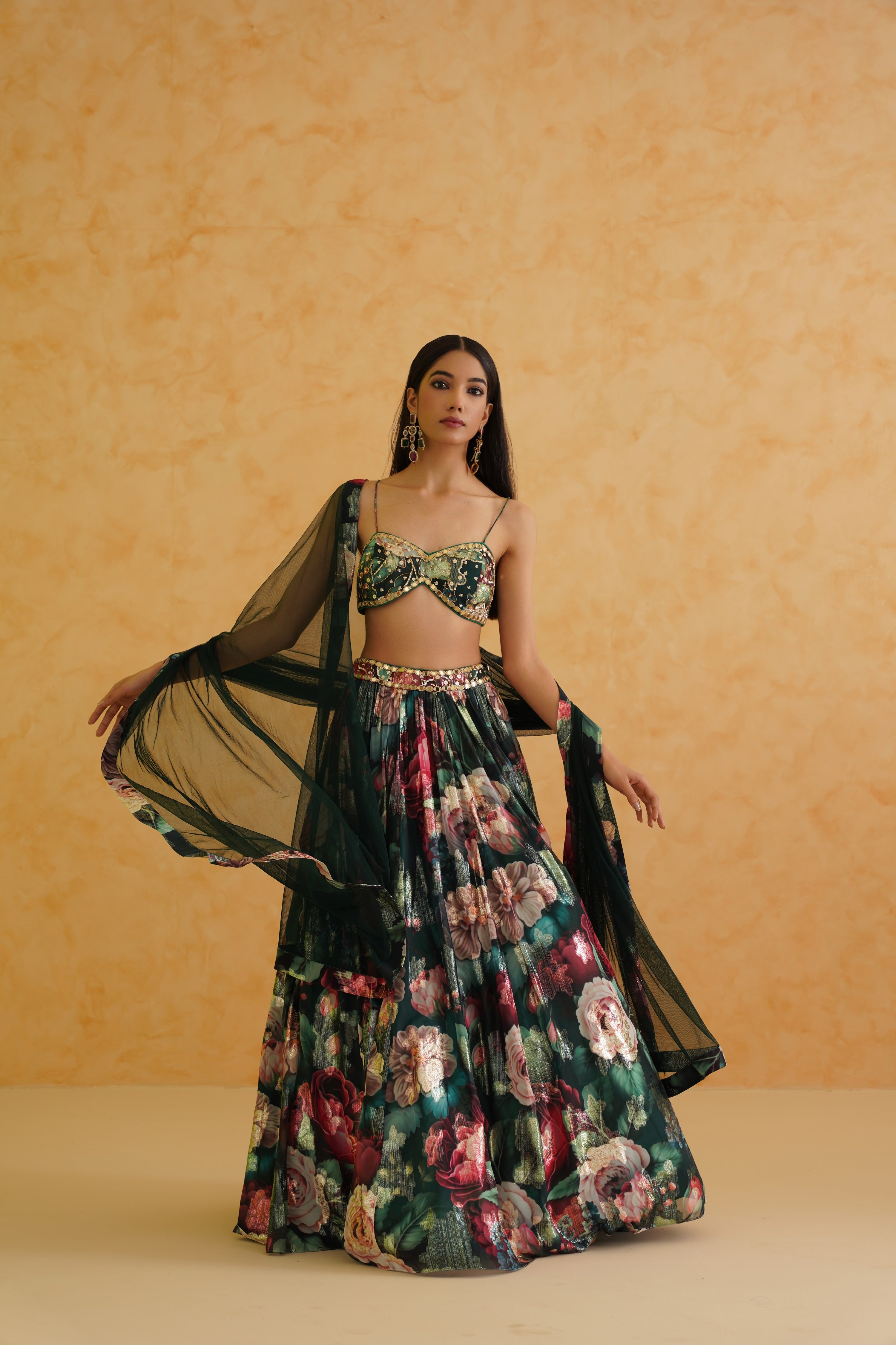 GREEN PRINTED GEORGETTE LEHENGA, BLOUSE AND DUPATTA SET