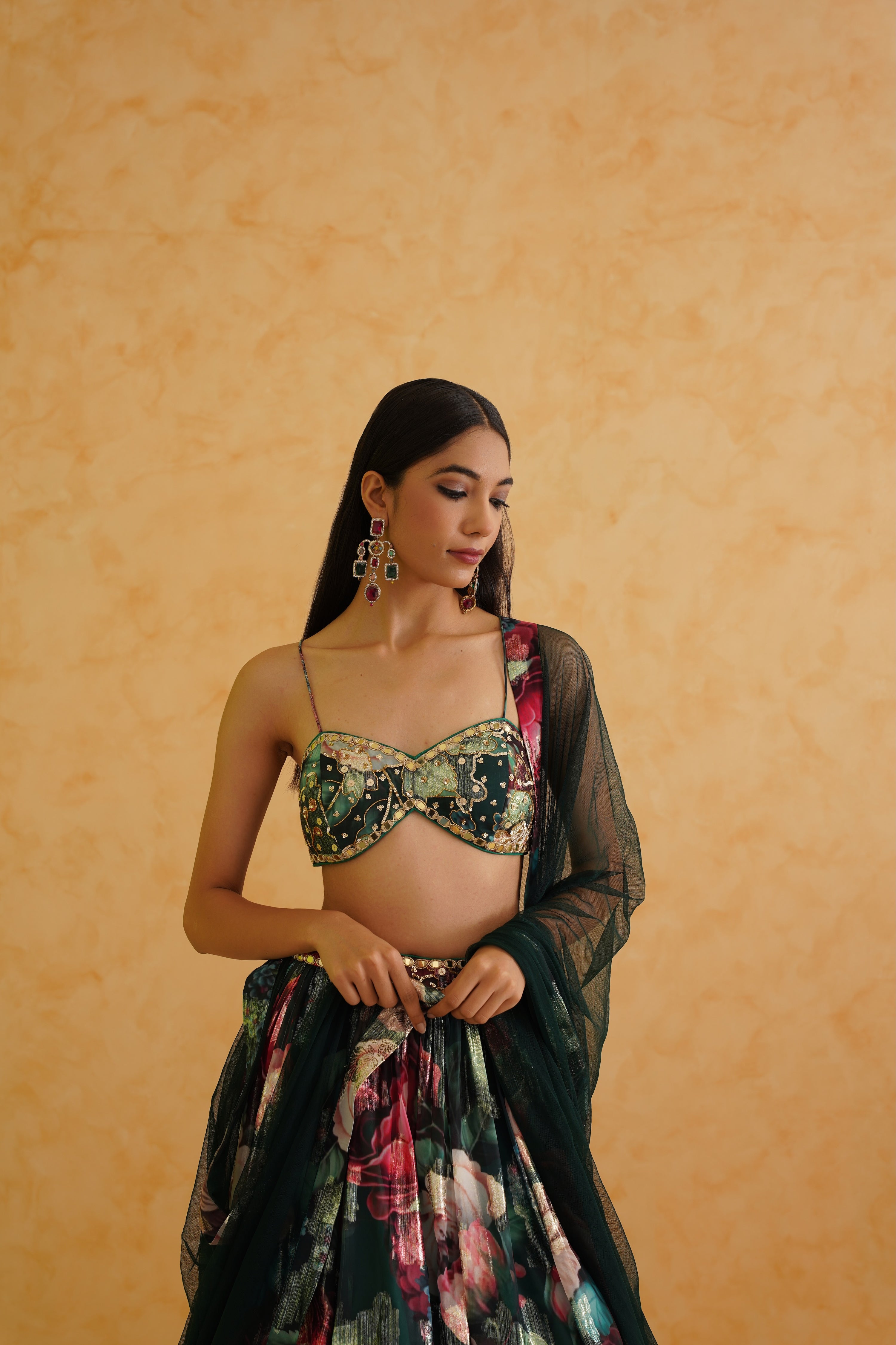 GREEN PRINTED GEORGETTE LEHENGA, BLOUSE AND DUPATTA SET