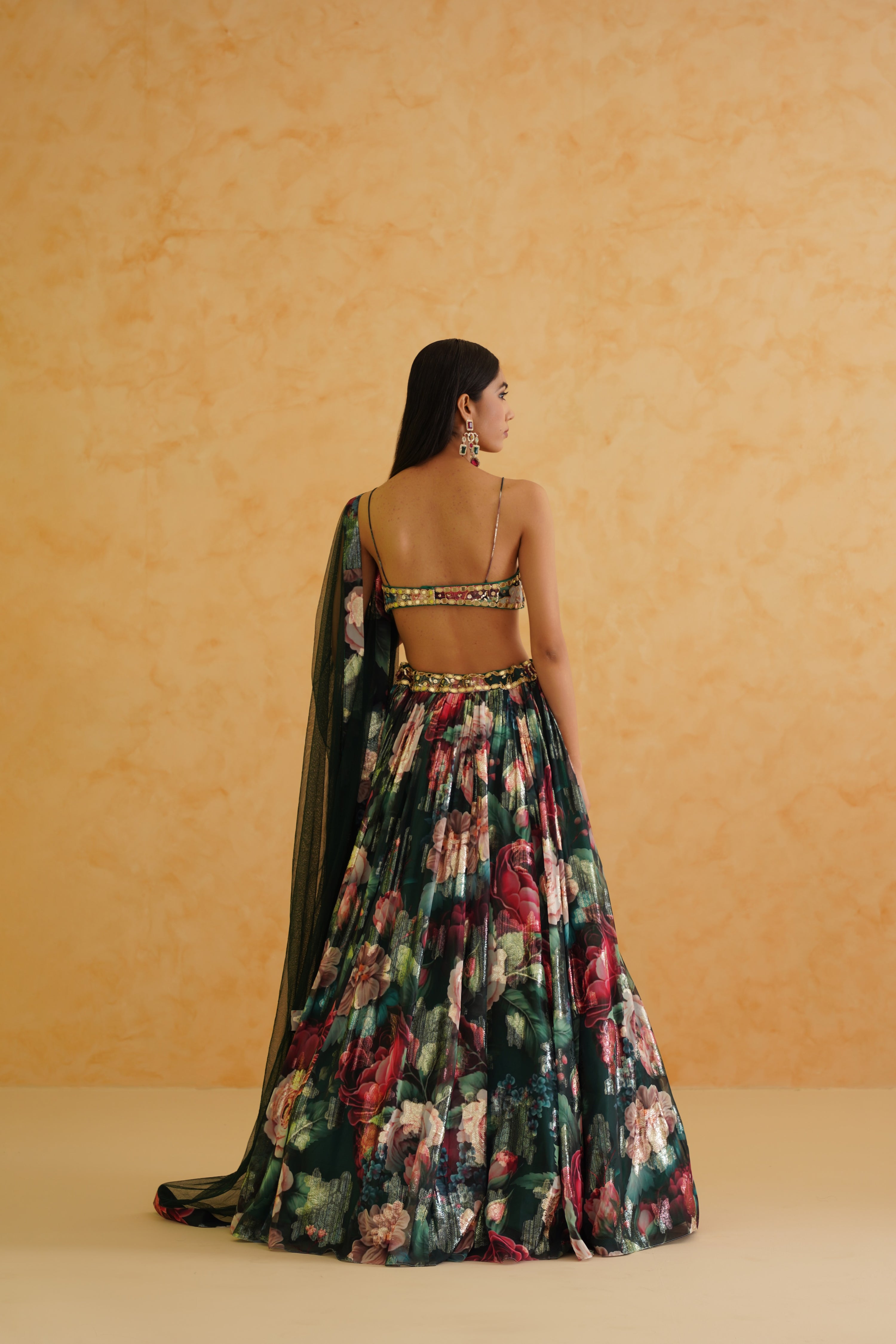 GREEN PRINTED GEORGETTE LEHENGA, BLOUSE AND DUPATTA SET