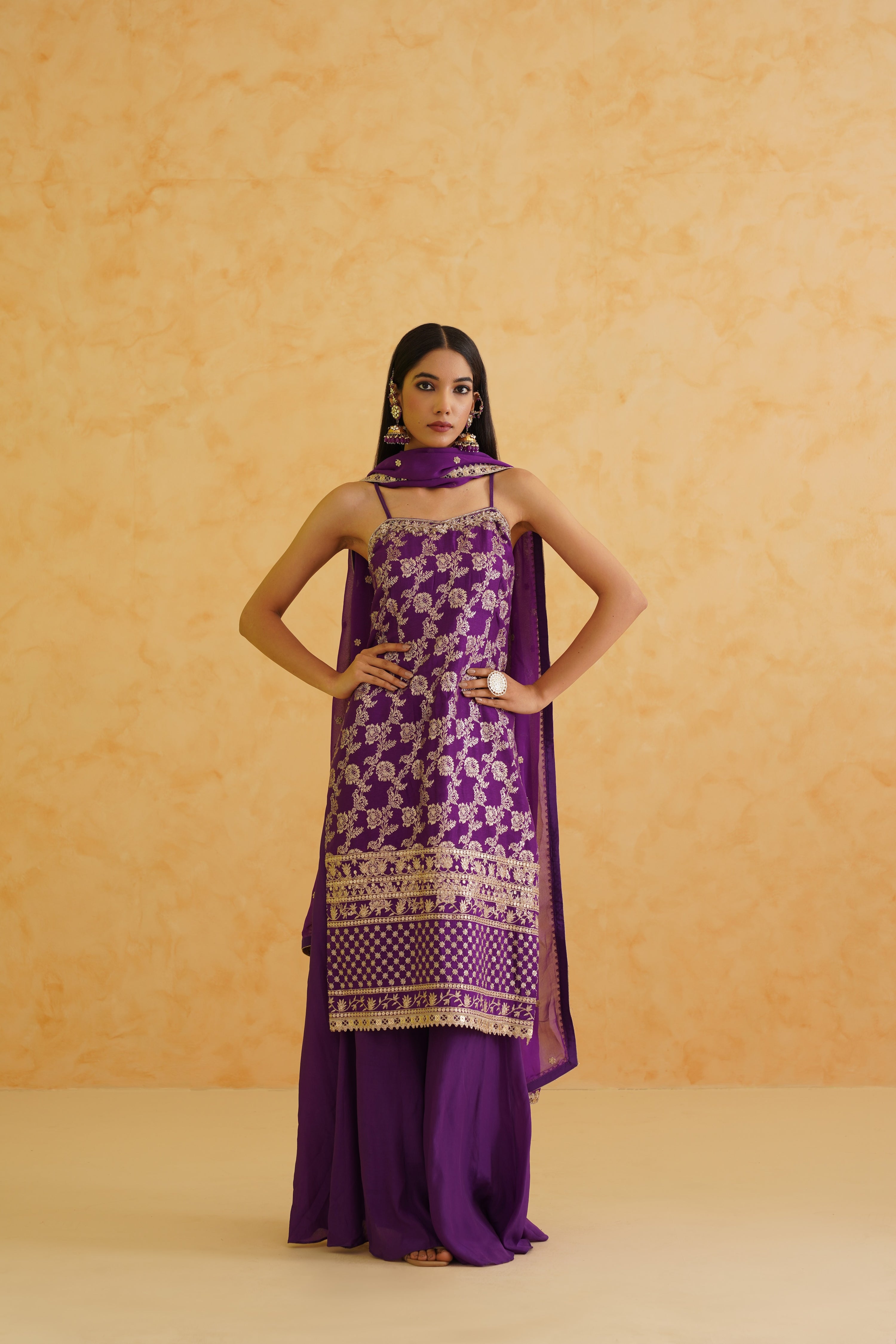 PURPLE BROCADE KURTI SHARARA SET