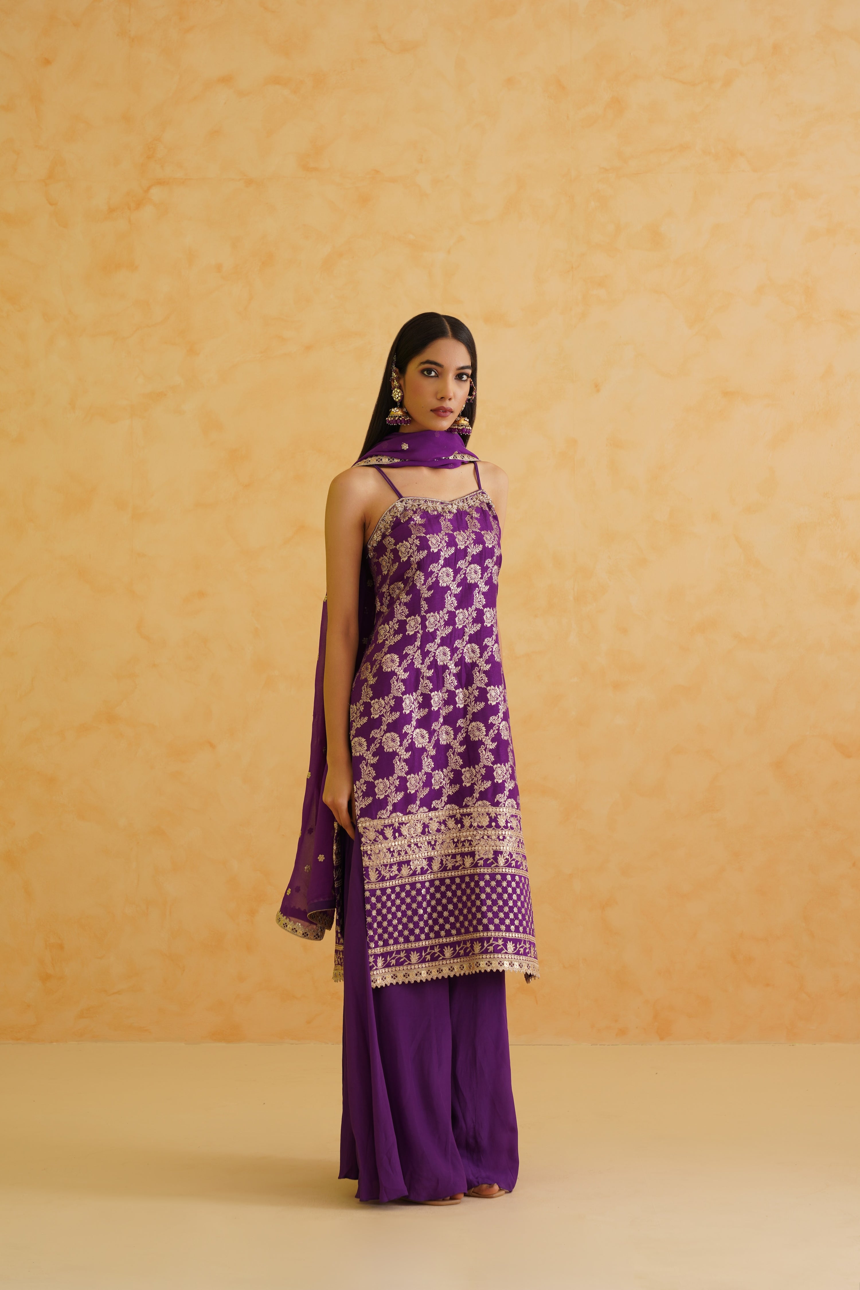 PURPLE BROCADE KURTI SHARARA SET