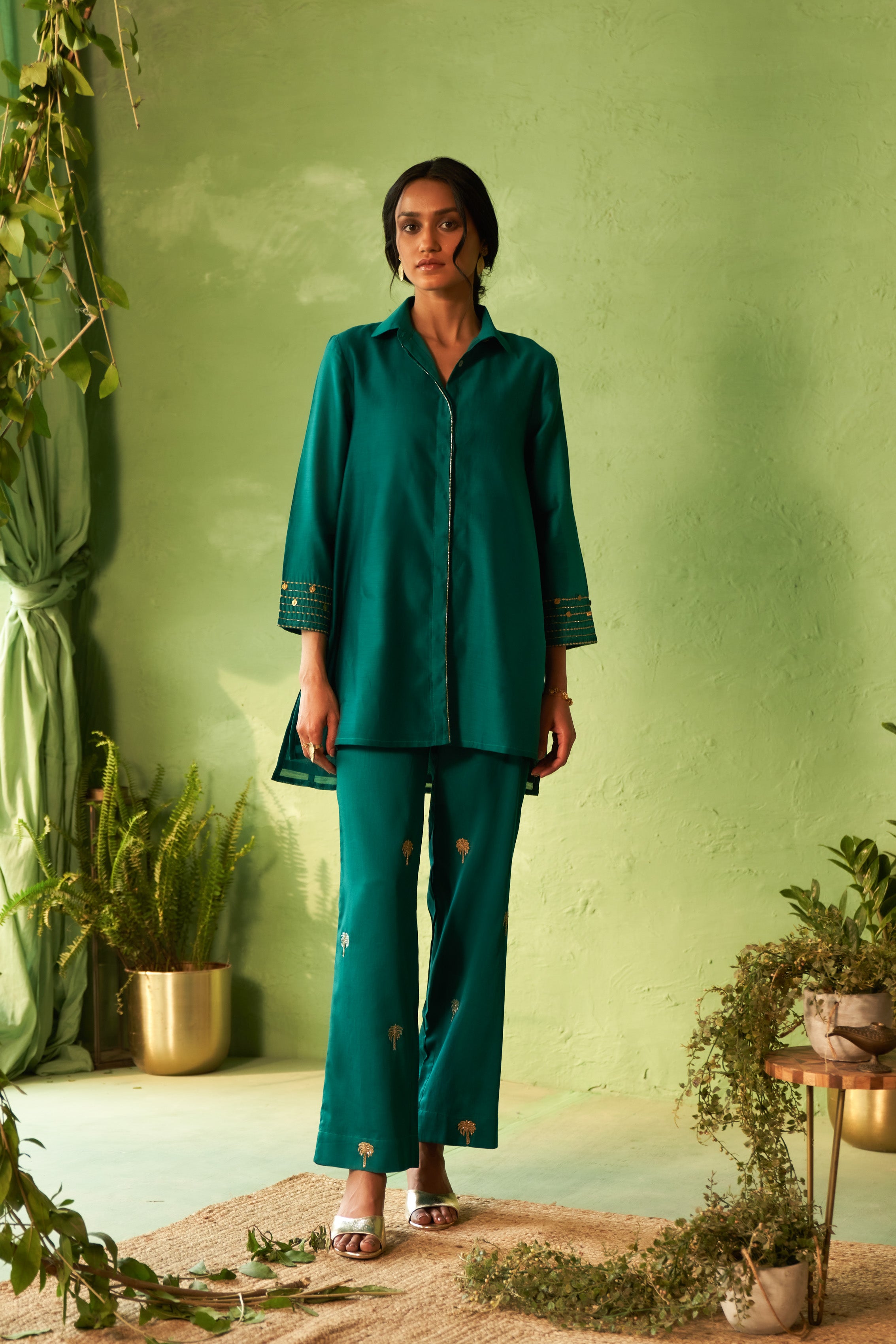 PEACOCK GREEN COLLARED COORD SET