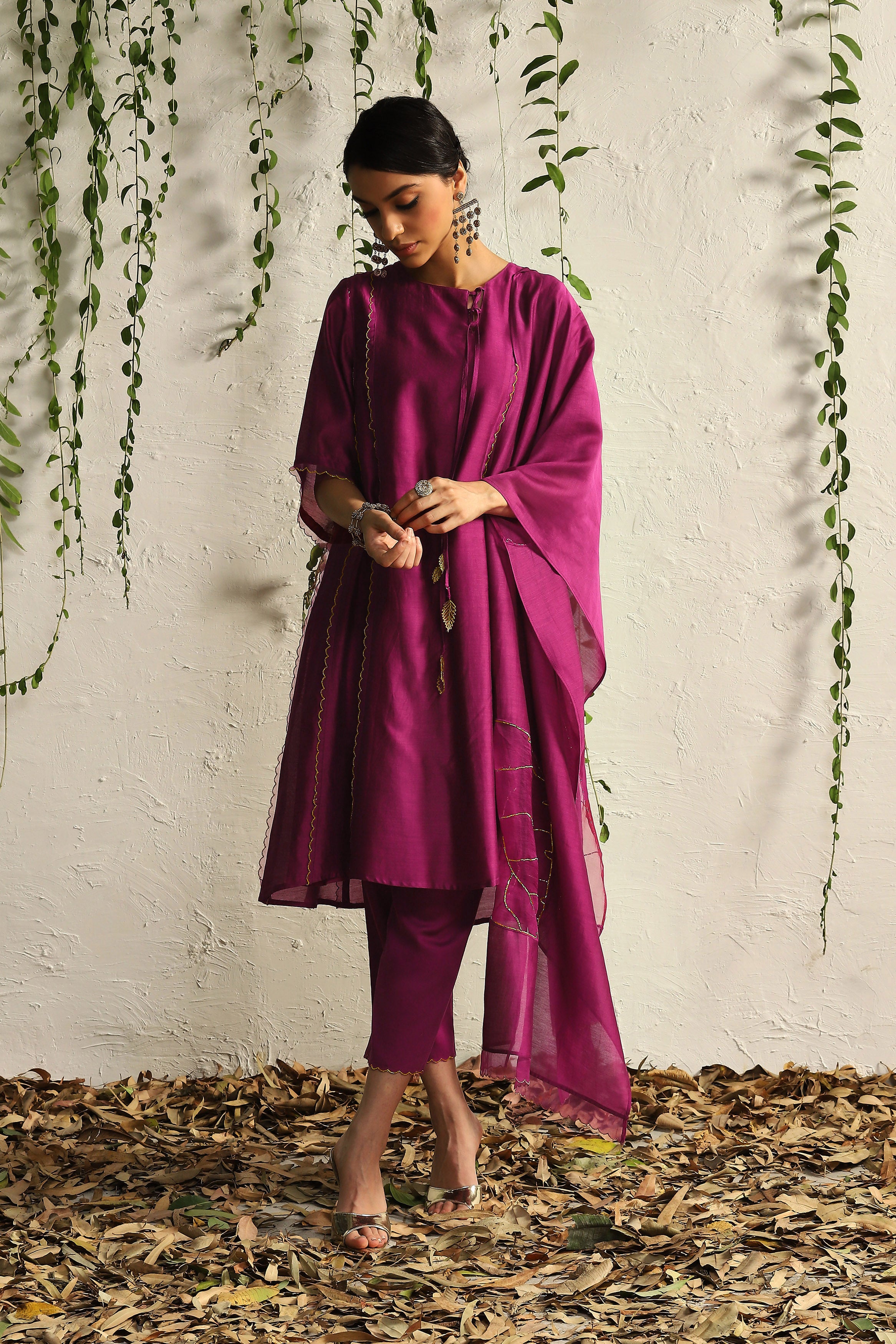 POP PINK CHANDERI TIE-UP KURTA SET