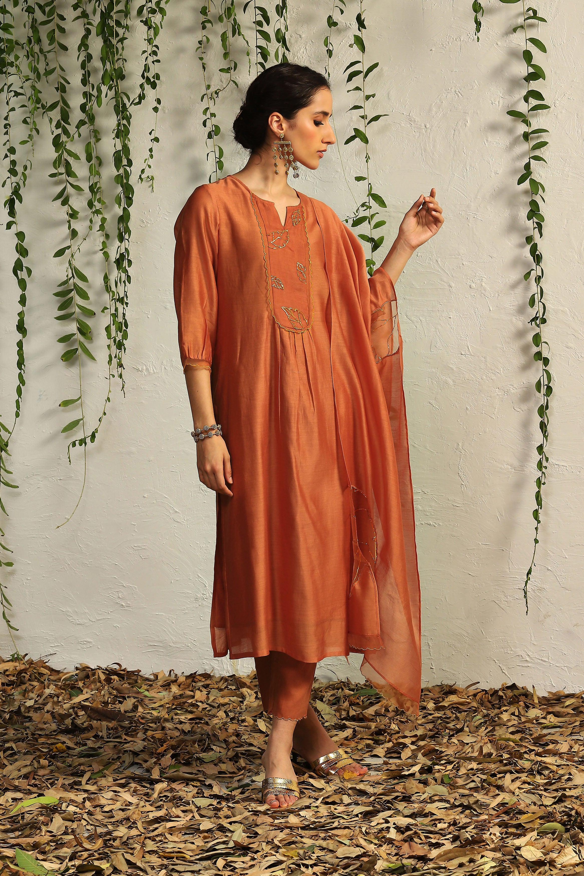 SPICE ORANGE CHANDERI FLOWY KURTA SET