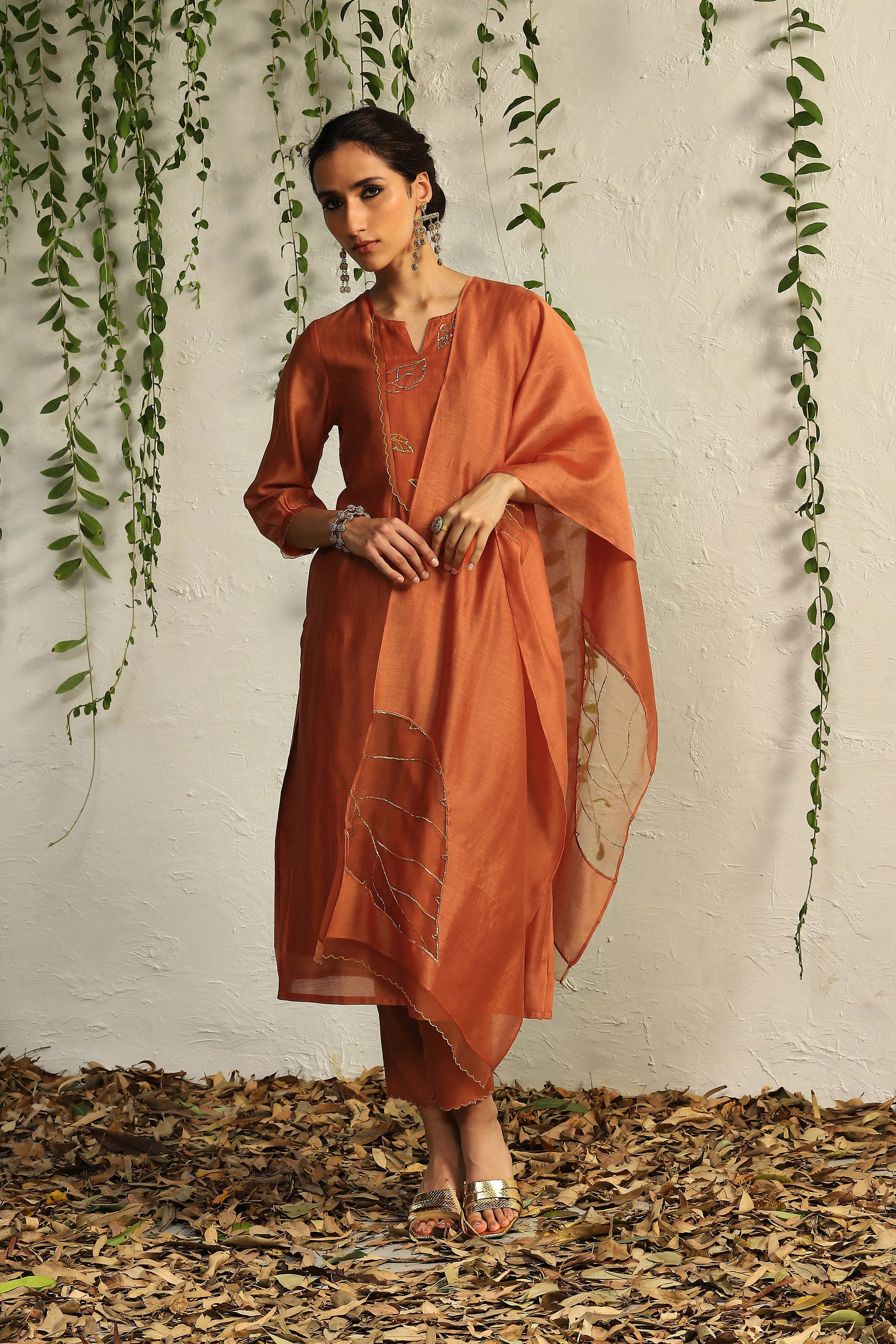 SPICE ORANGE CHANDERI FLOWY KURTA SET