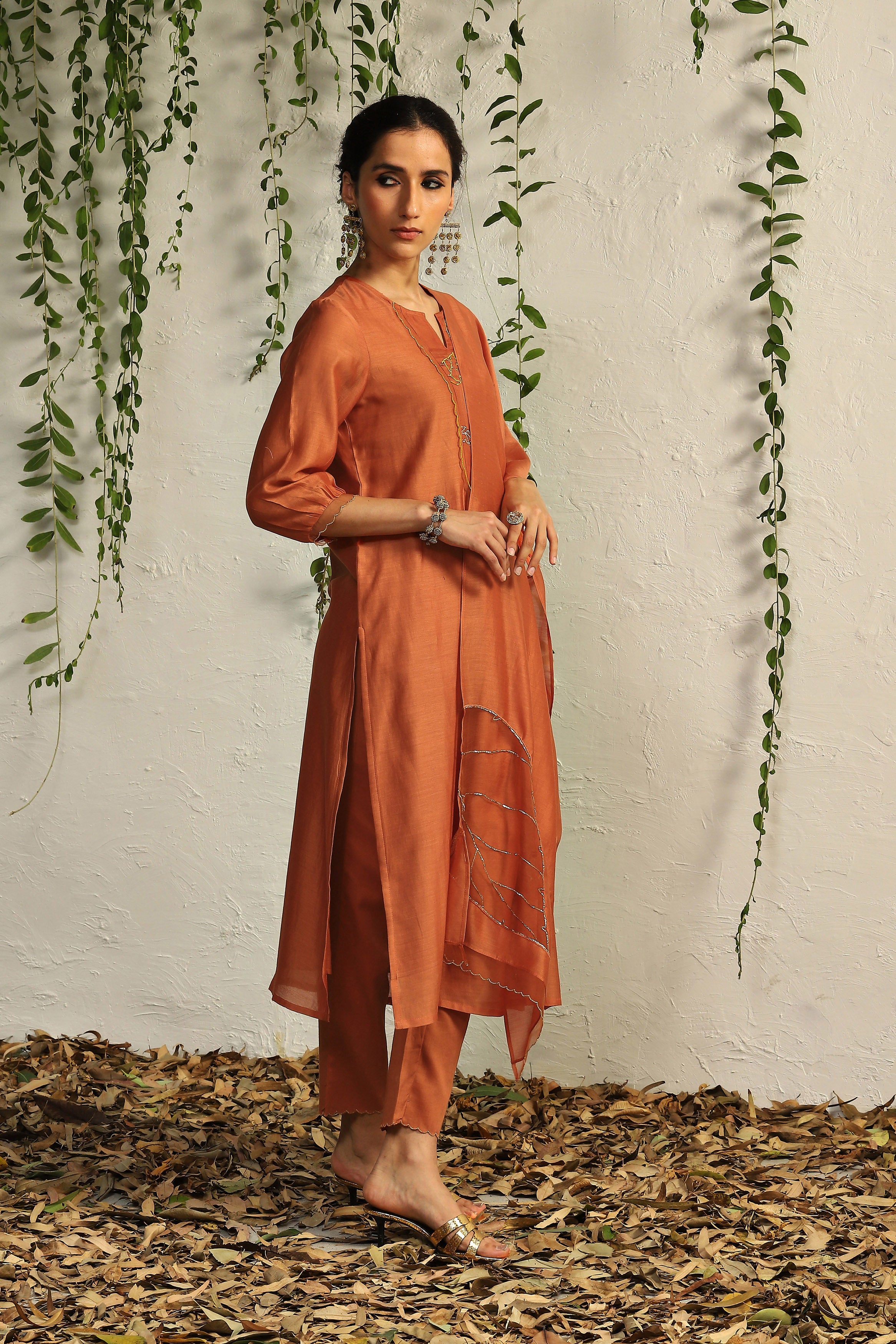 SPICE ORANGE CHANDERI FLOWY KURTA SET