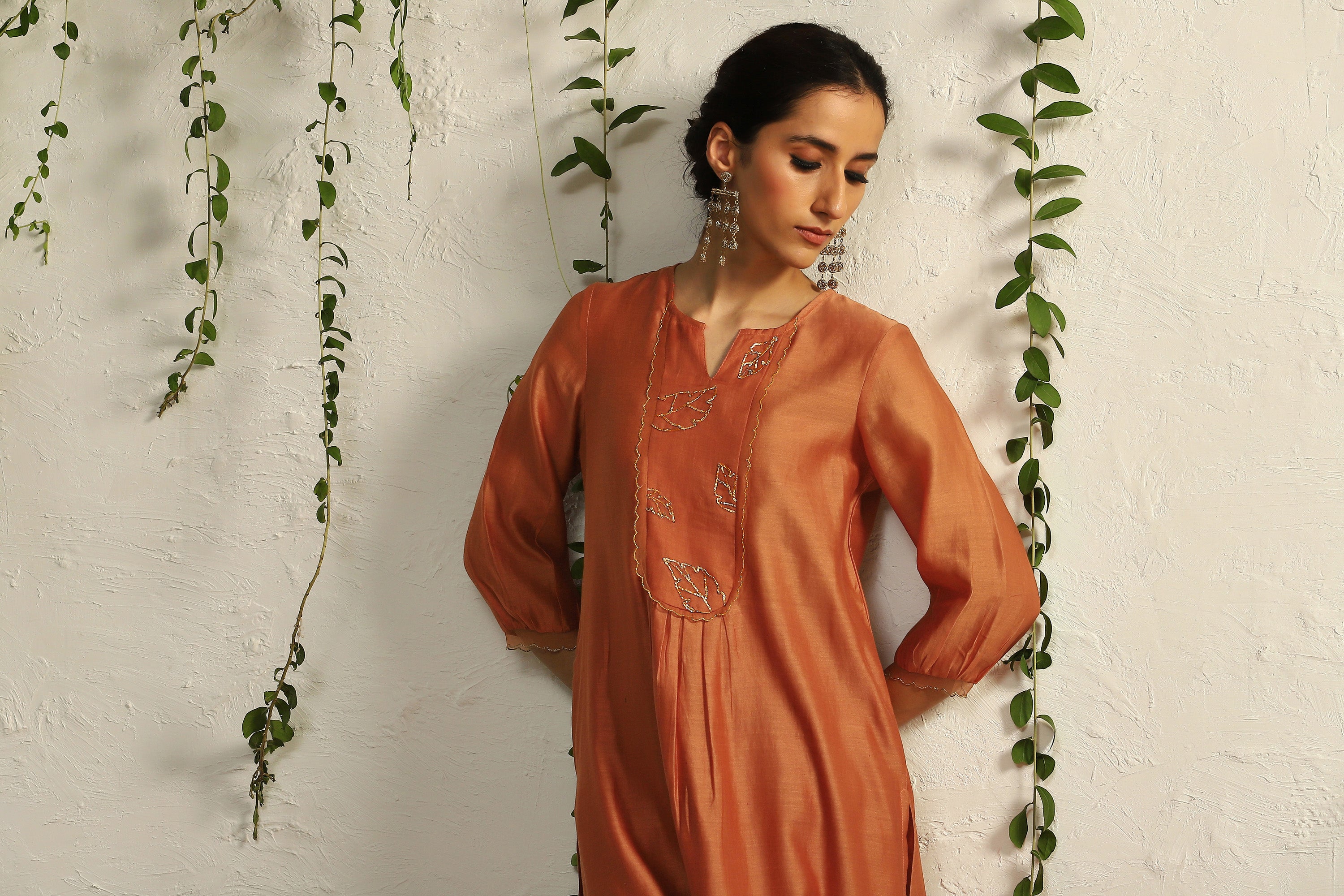 SPICE ORANGE CHANDERI FLOWY KURTA SET