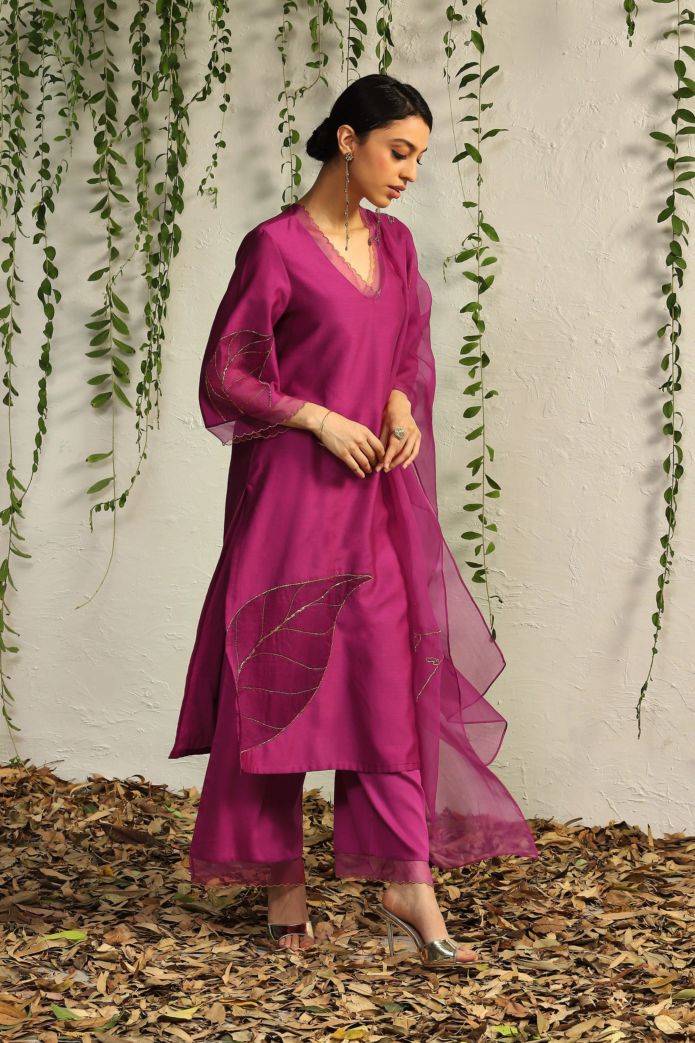 POP PINK CHANDERI STRAIGHT KURTA SET