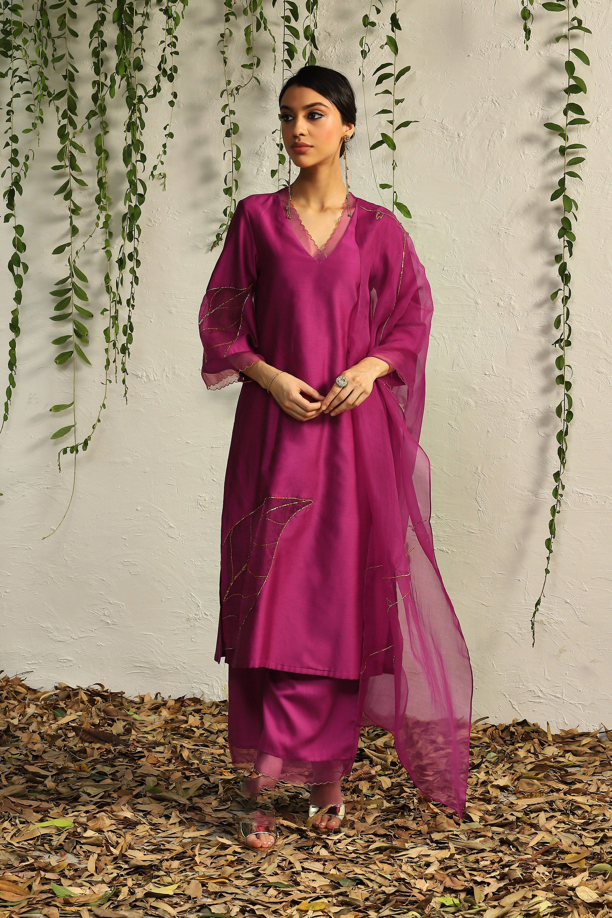 POP PINK CHANDERI STRAIGHT KURTA SET