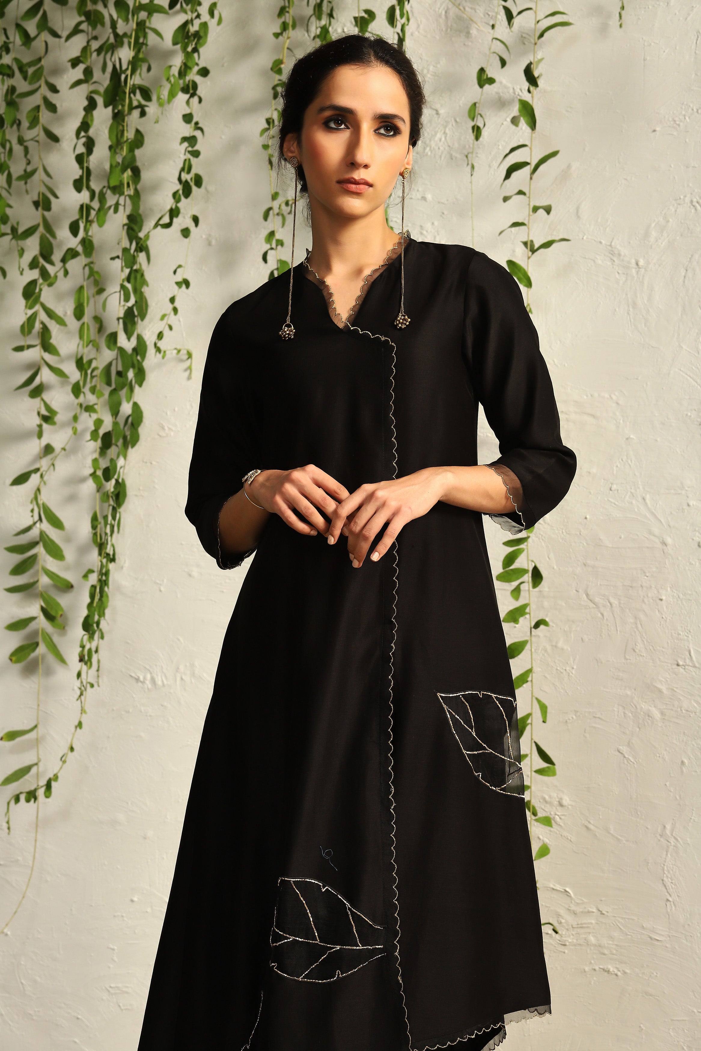 BLACK CHANDERI ASYMMETRICAL KURTA SET