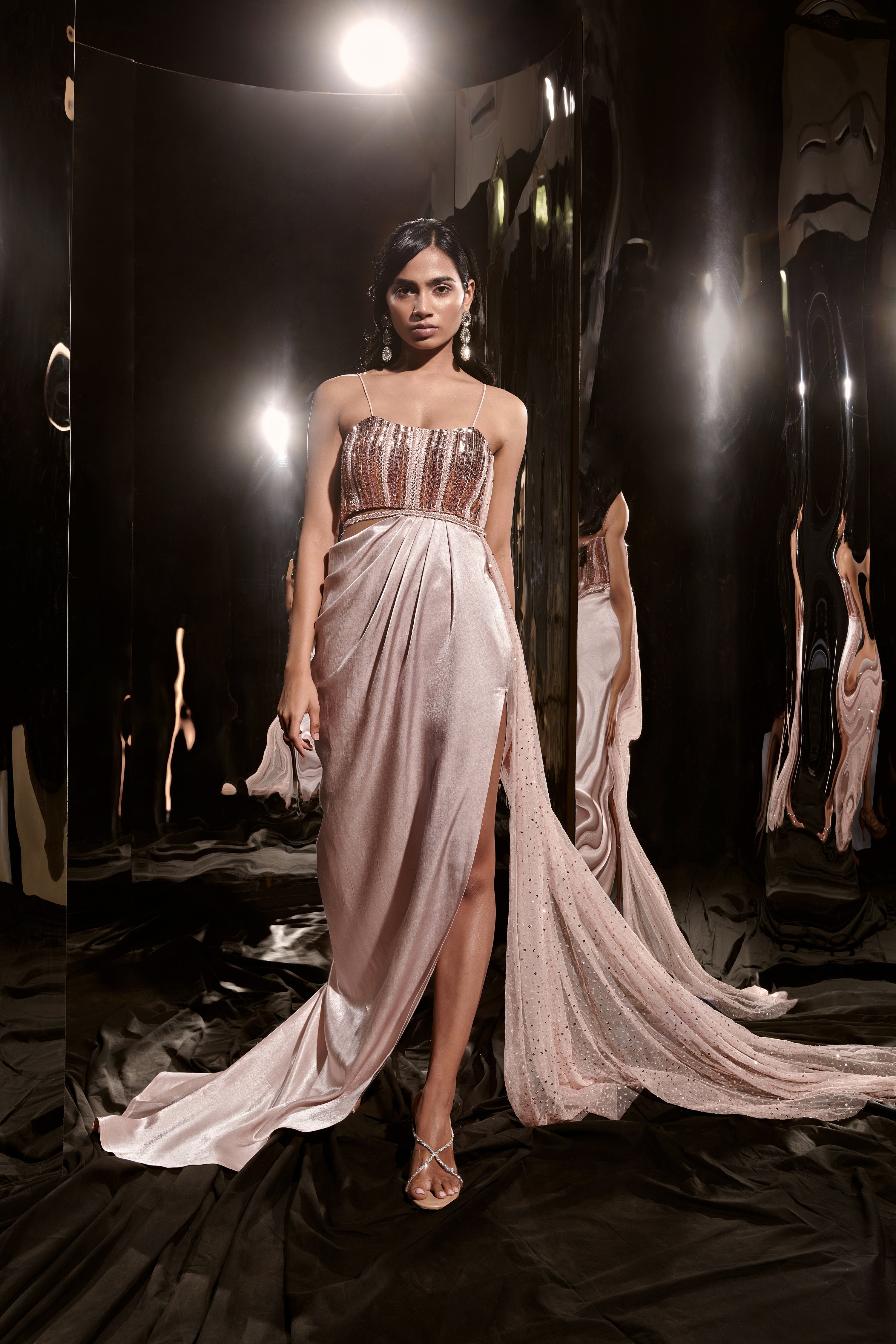 PINKISH NUDE EMBROIDERED DRESS WITH DRAPE