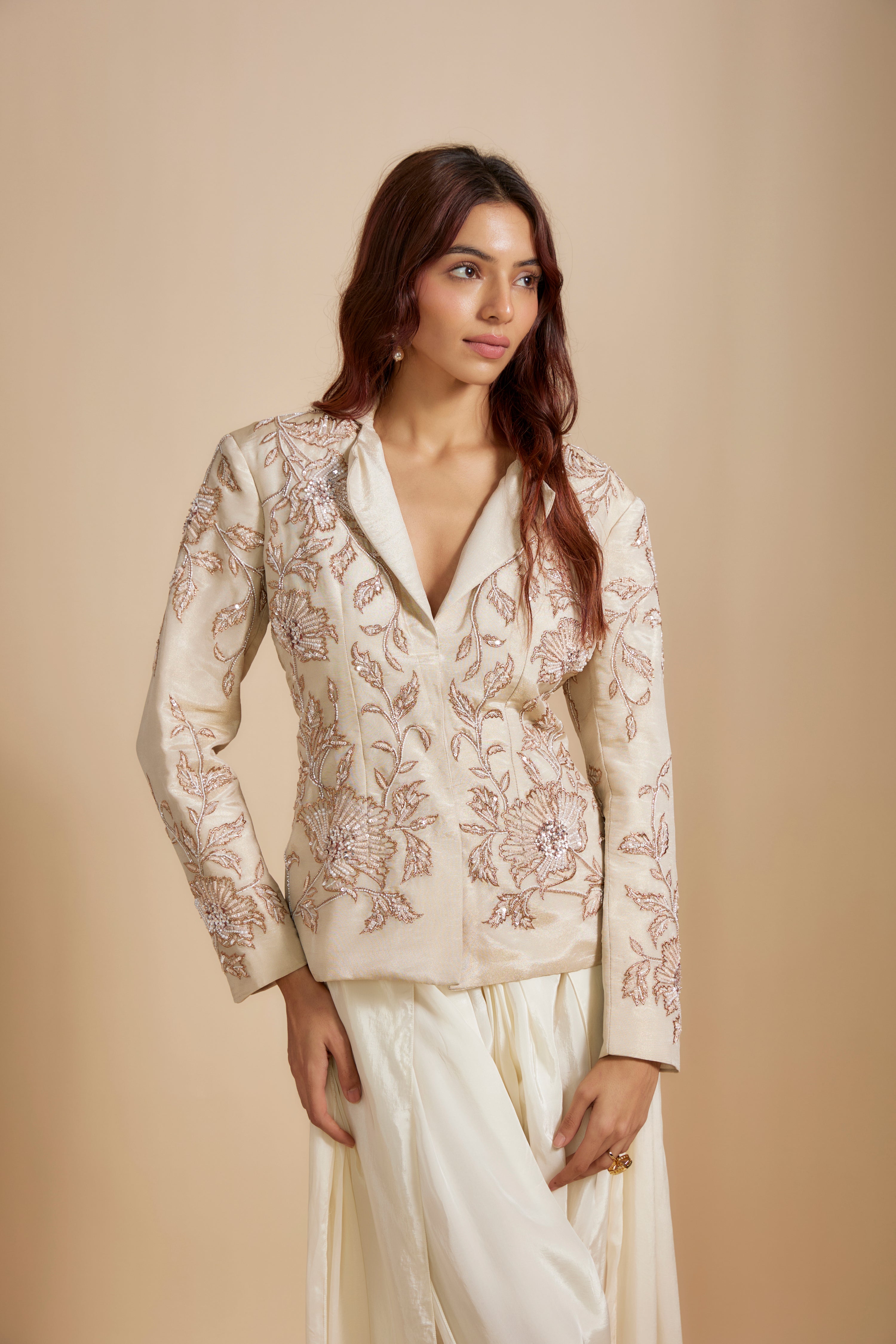 BEIGE TISSUE JACKET WITH CREAM DHOTI