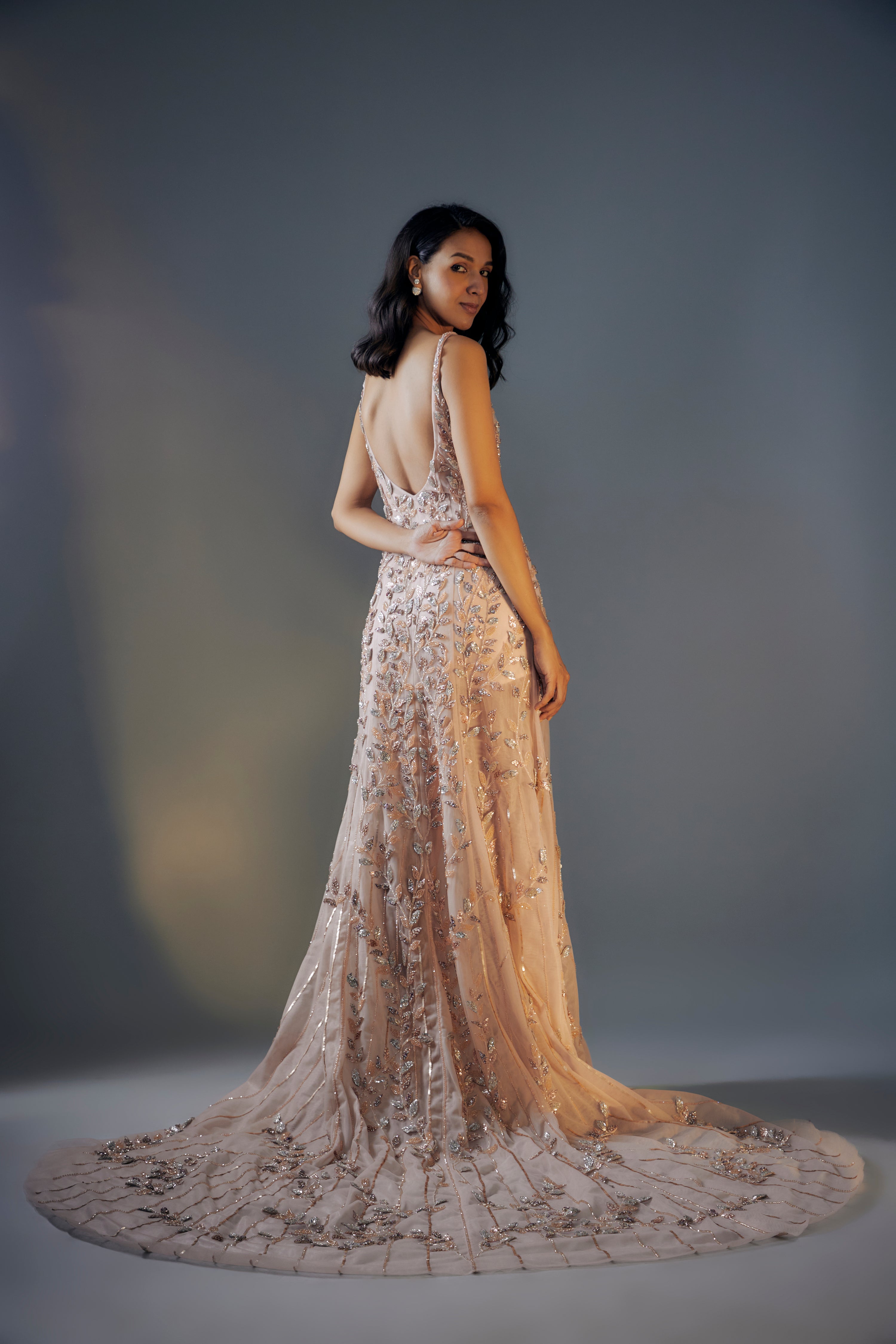 ROSE GOLD 3D EMBROIDERED TRAIL GOWN WITH SLIT