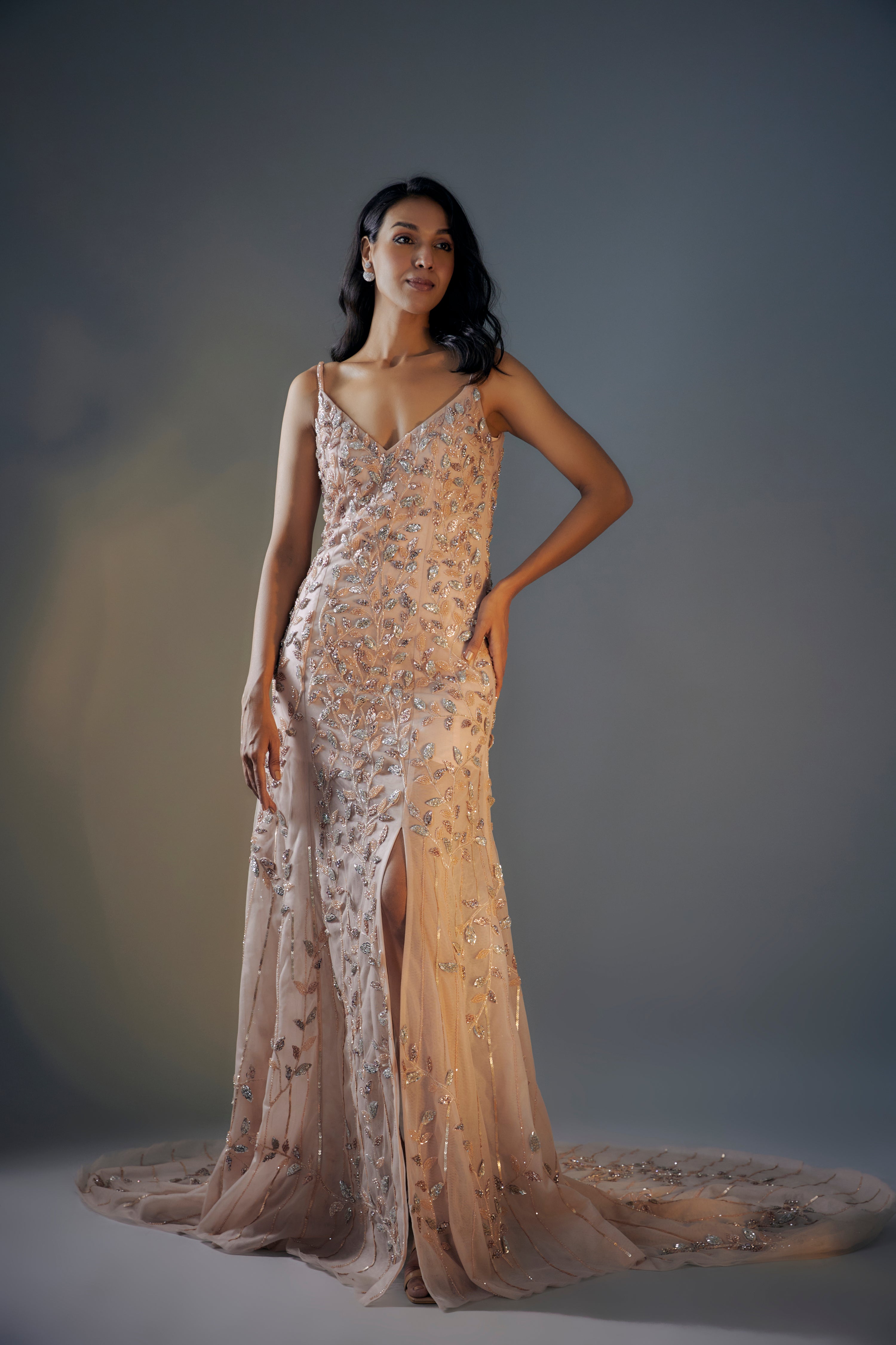 ROSE GOLD 3D EMBROIDERED TRAIL GOWN WITH SLIT