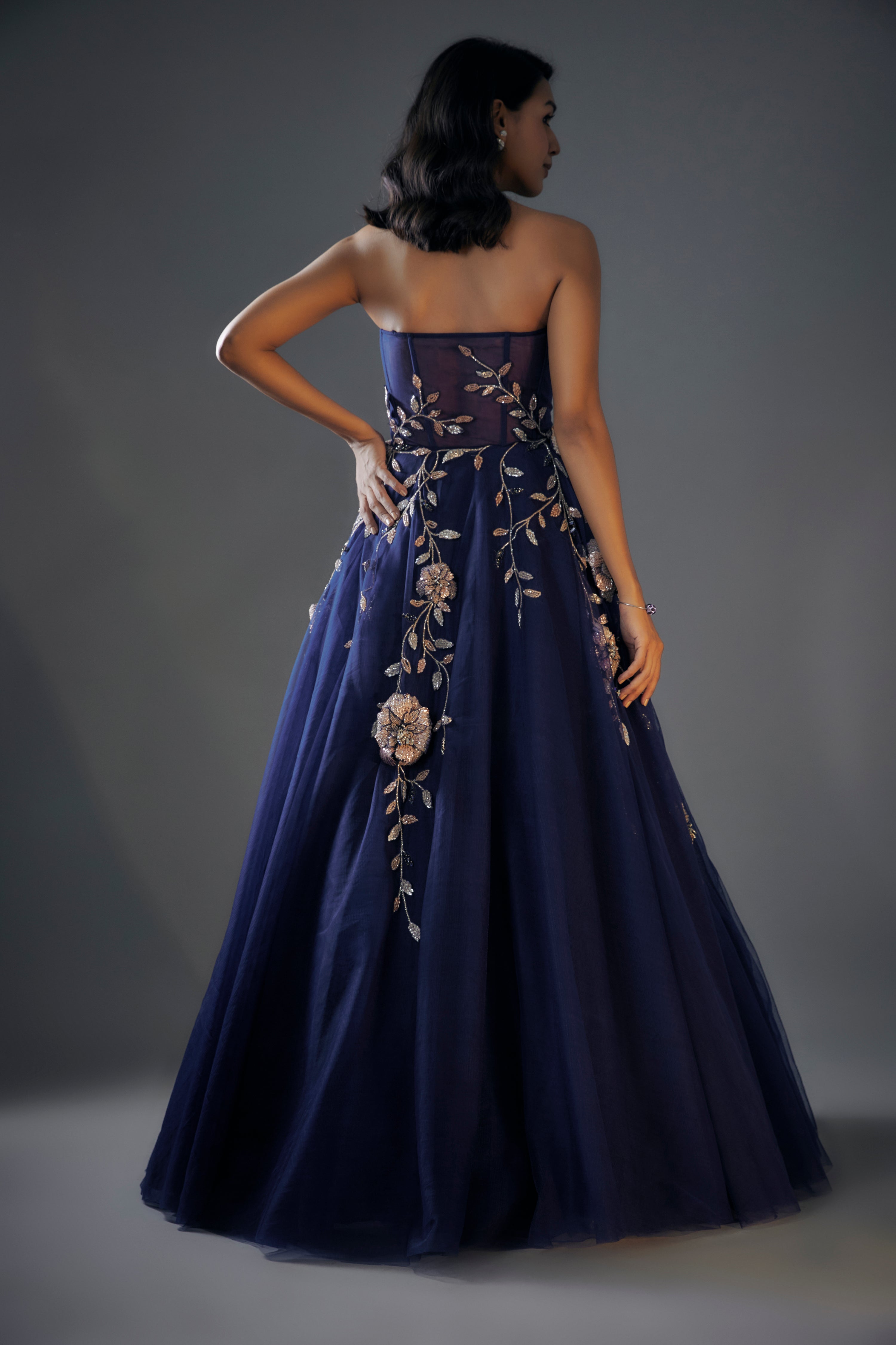 NAVY BLUE 3D EMBROIDERED GOWN