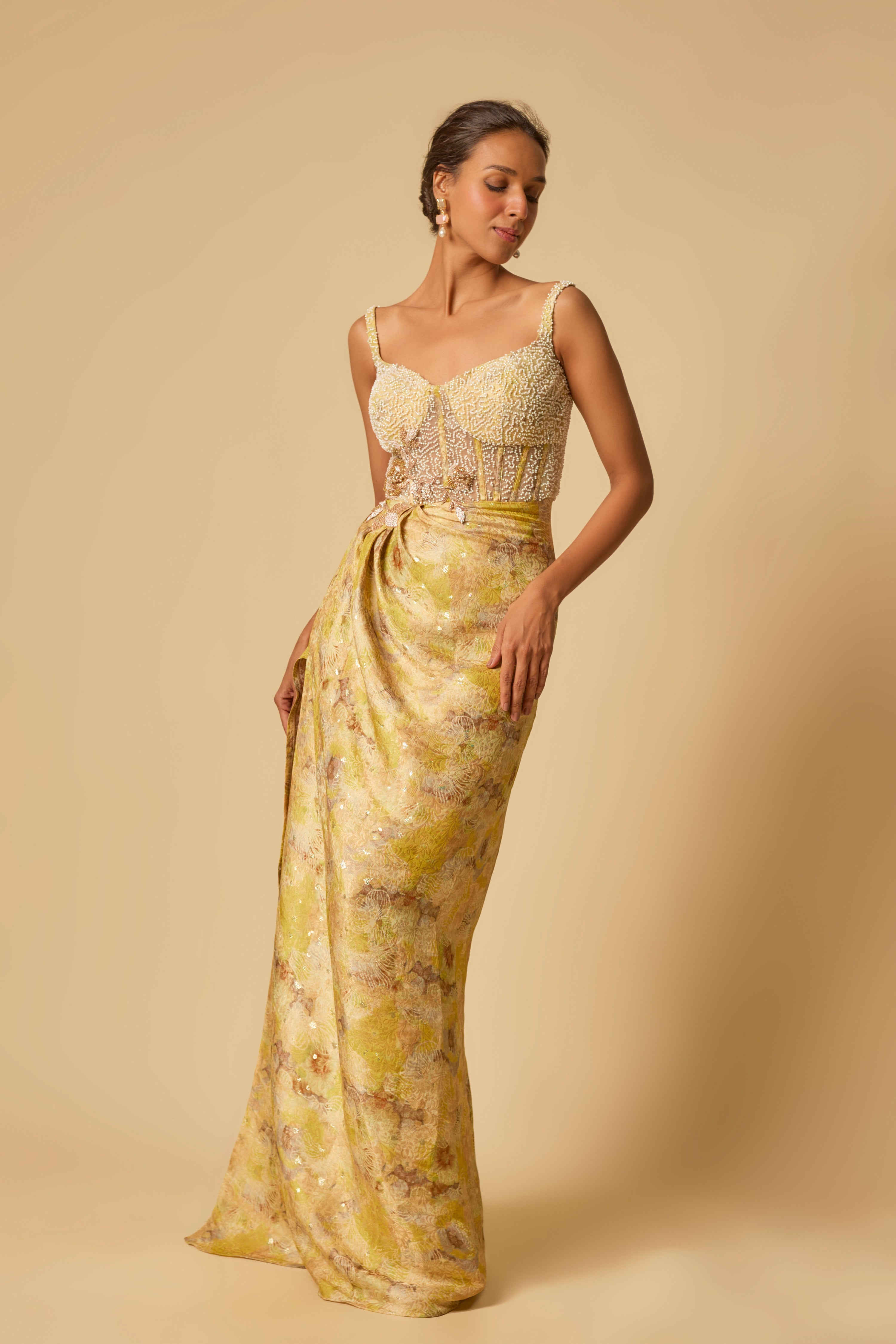 YELLOW BROCADE EMBROIDERED CORSET DRAPE GOWN