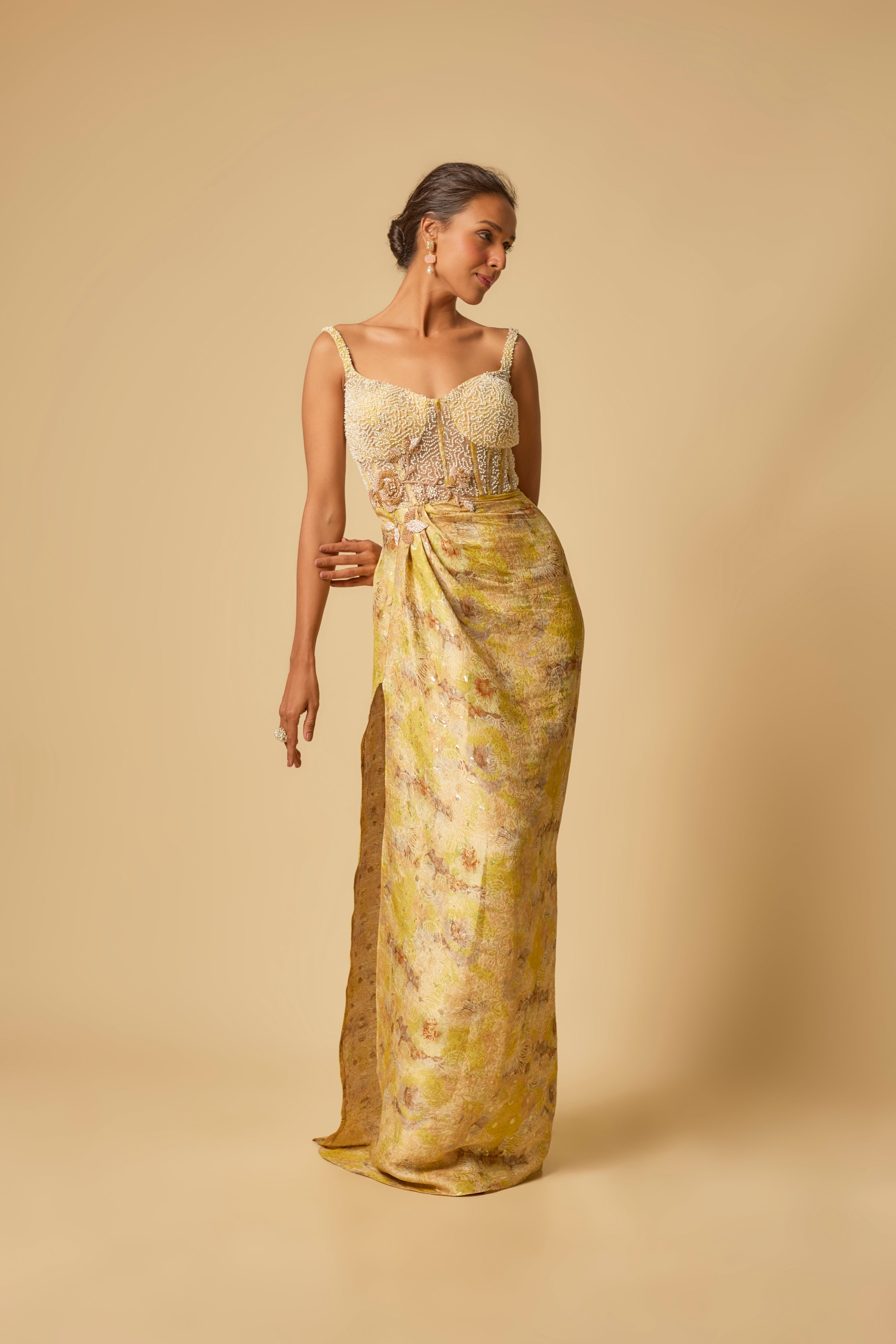 YELLOW BROCADE EMBROIDERED CORSET DRAPE GOWN