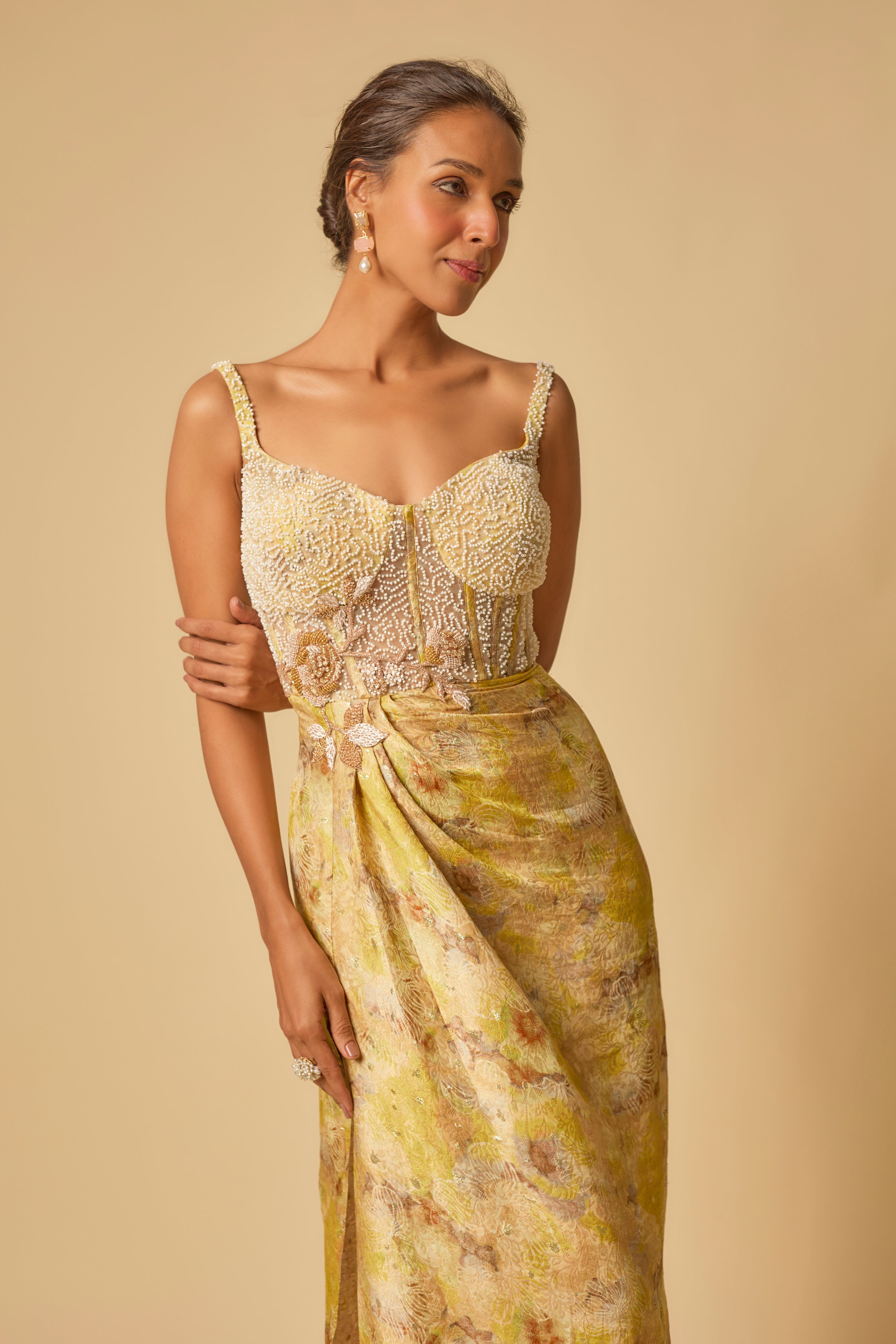 YELLOW BROCADE EMBROIDERED CORSET DRAPE GOWN