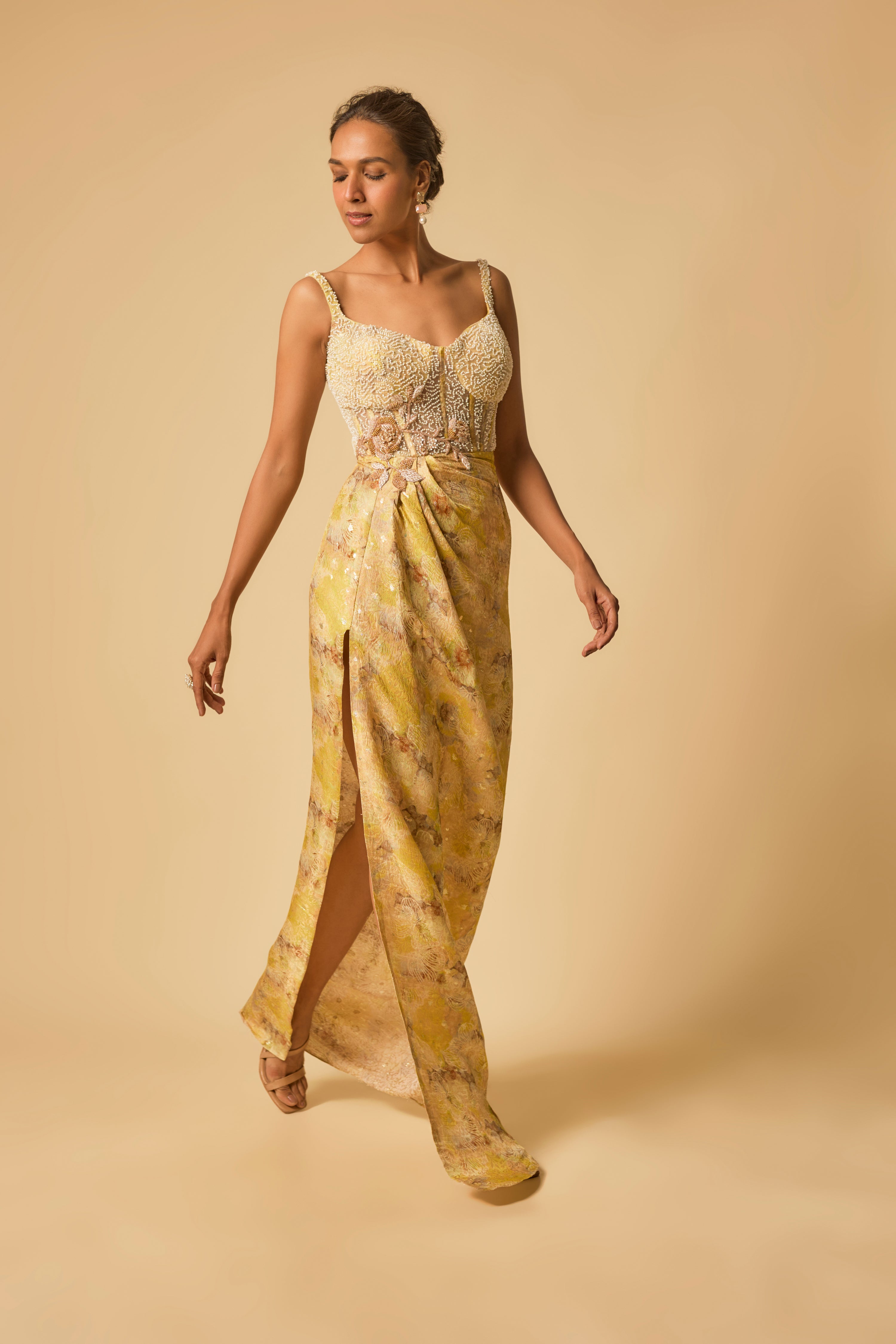 YELLOW BROCADE EMBROIDERED CORSET DRAPE GOWN