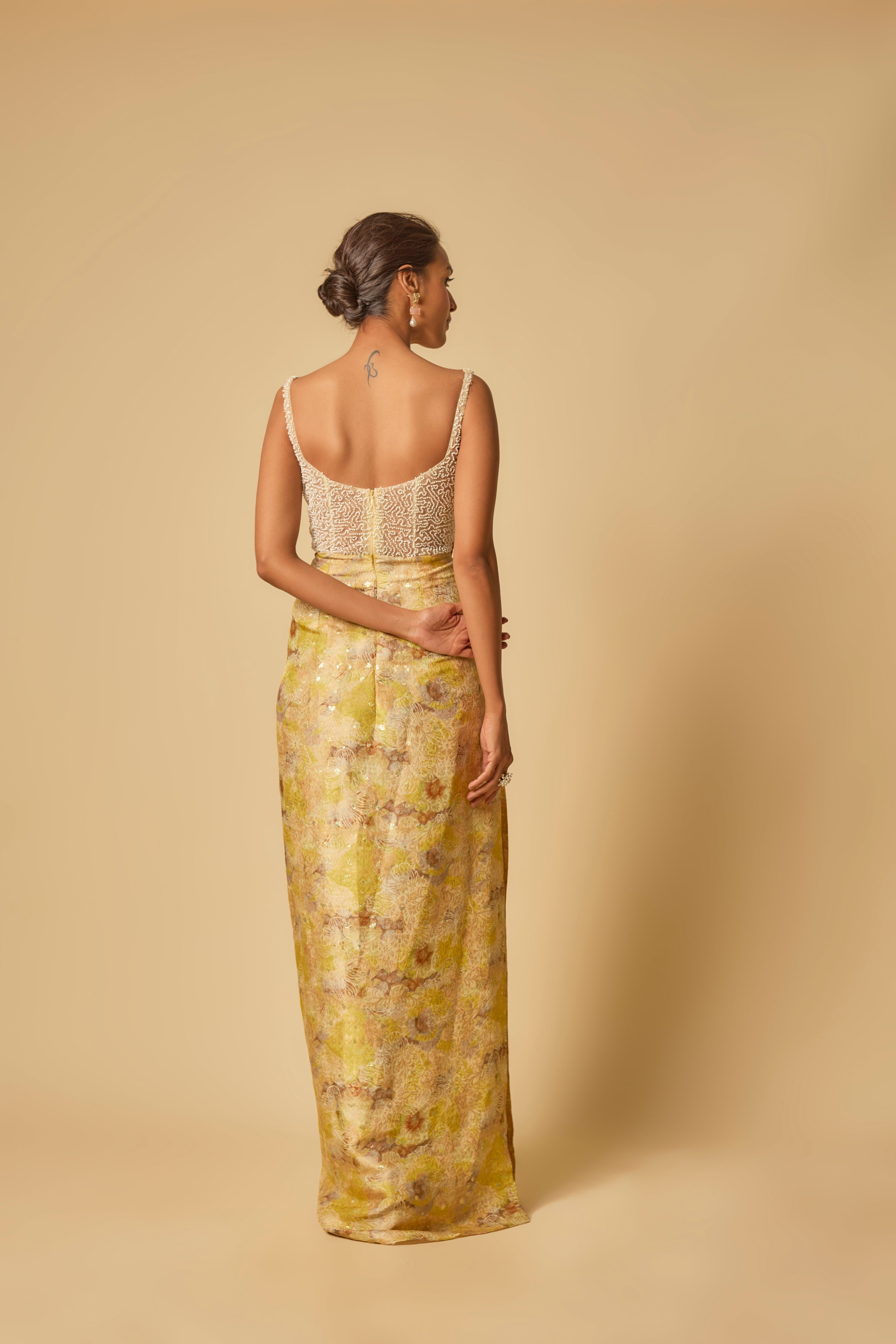 YELLOW BROCADE EMBROIDERED CORSET DRAPE GOWN