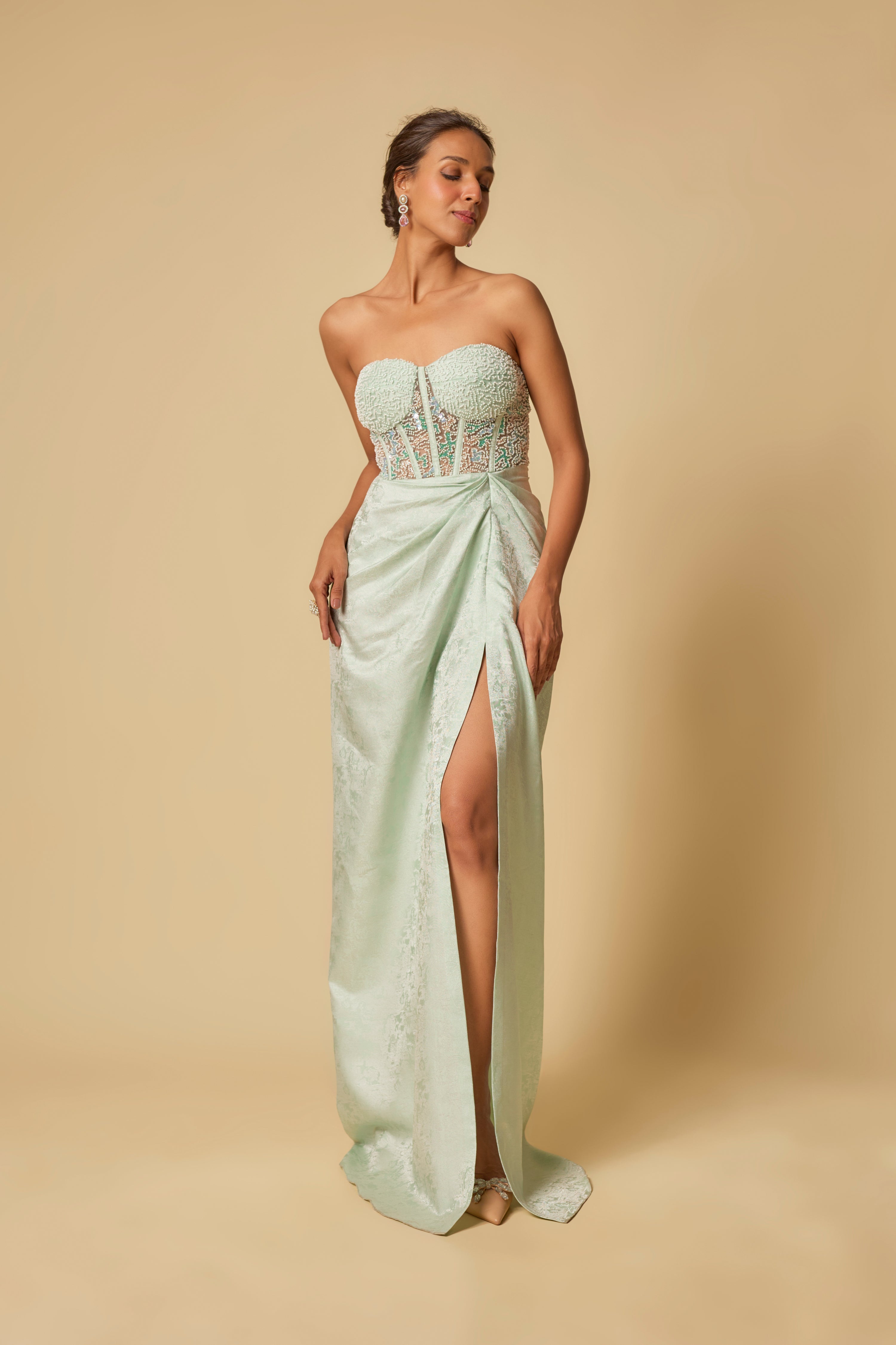 MINT BROCADE EMBROIDERED CORSET DRAPE GOWN WITH CAPE