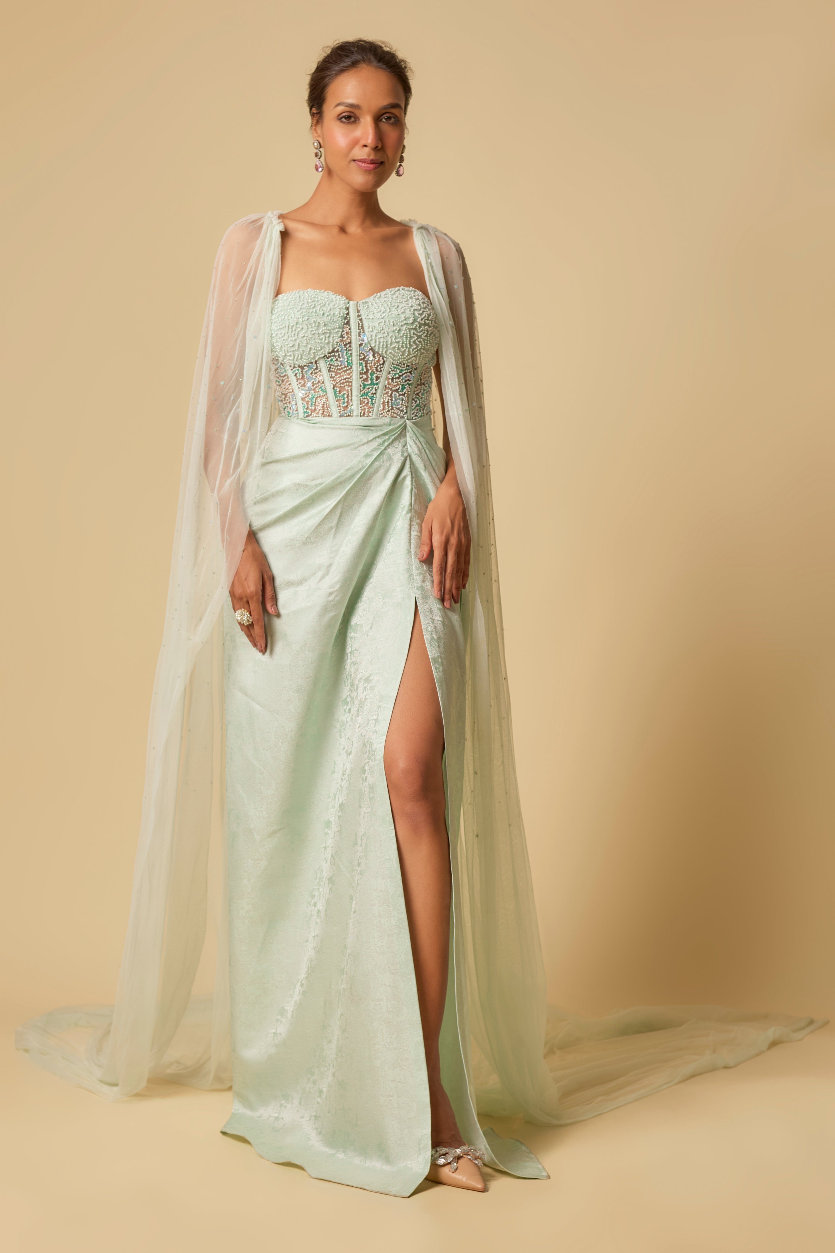 MINT BROCADE EMBROIDERED CORSET DRAPE GOWN WITH CAPE
