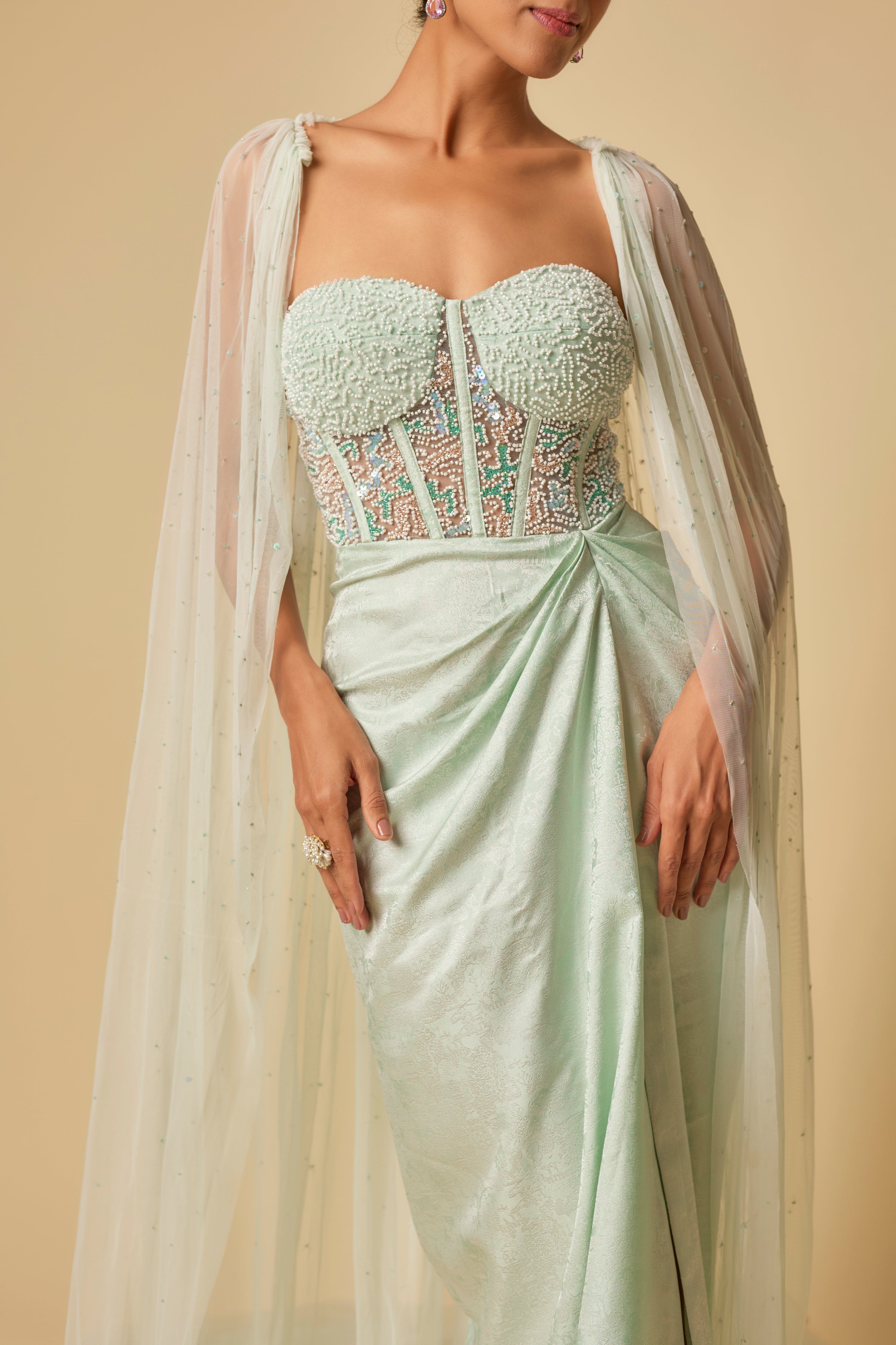 MINT BROCADE EMBROIDERED CORSET DRAPE GOWN WITH CAPE