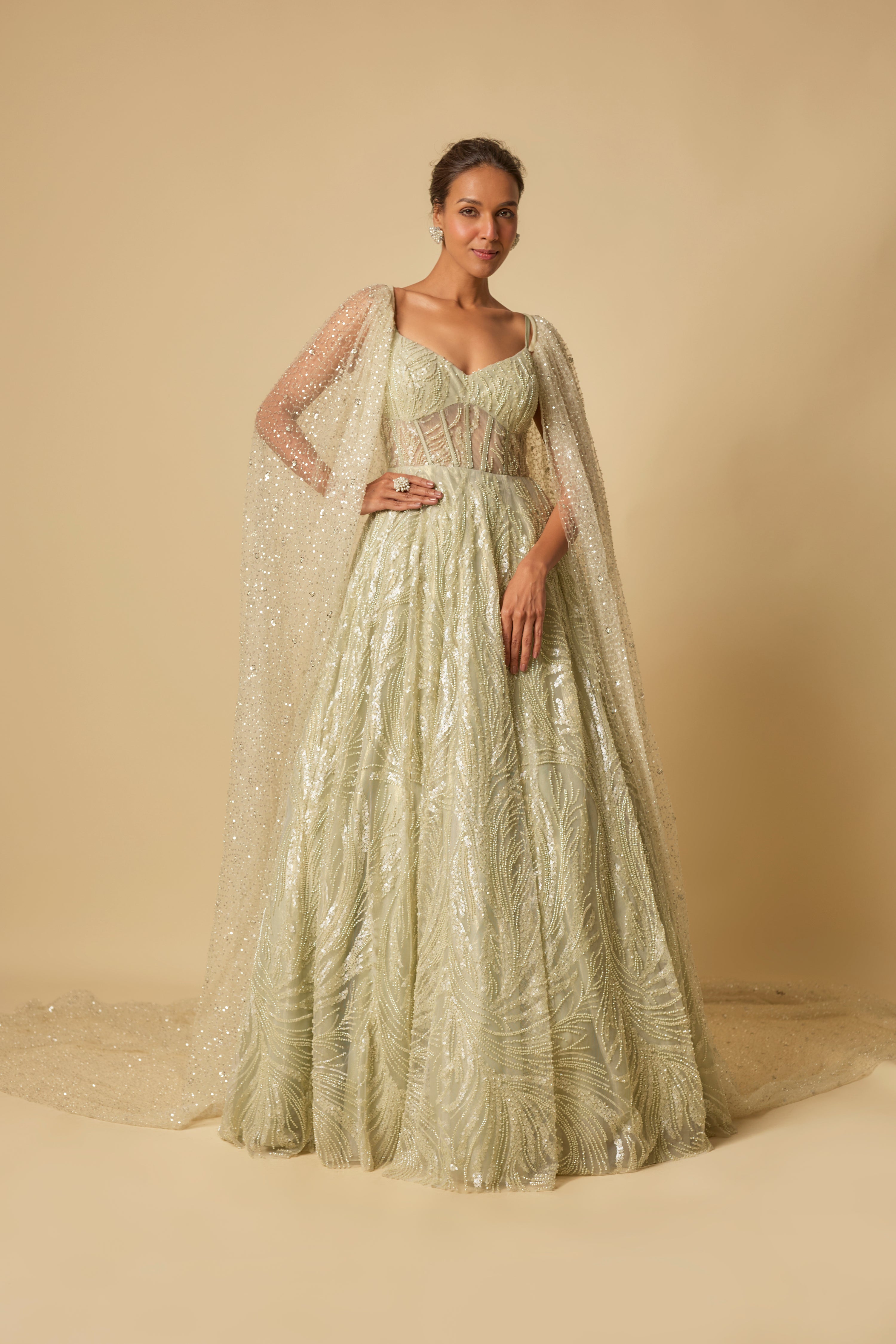 SAGE GREEN EMBROIDERED GOWN WITH LONG CAPE