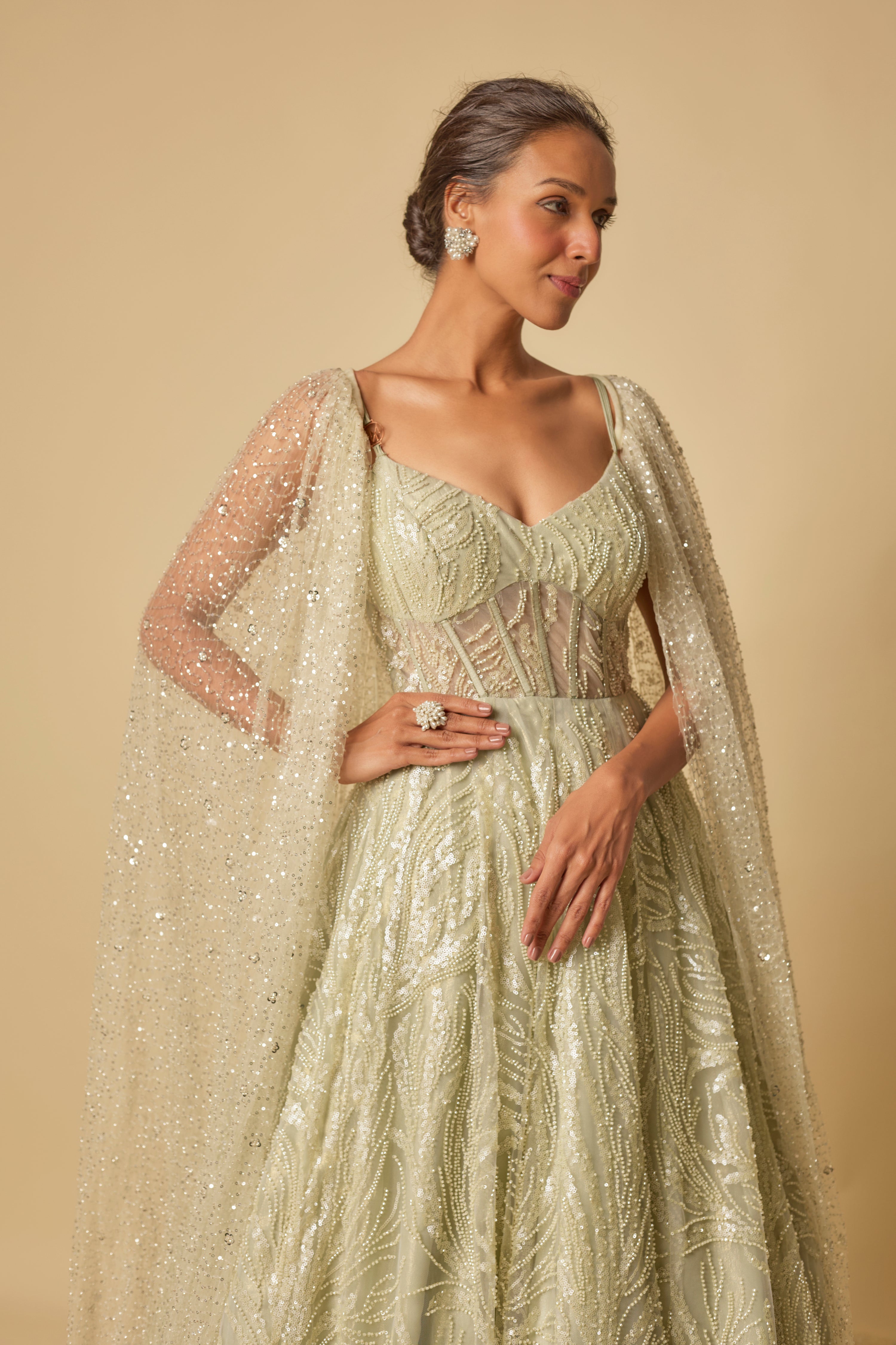 SAGE GREEN EMBROIDERED GOWN WITH LONG CAPE