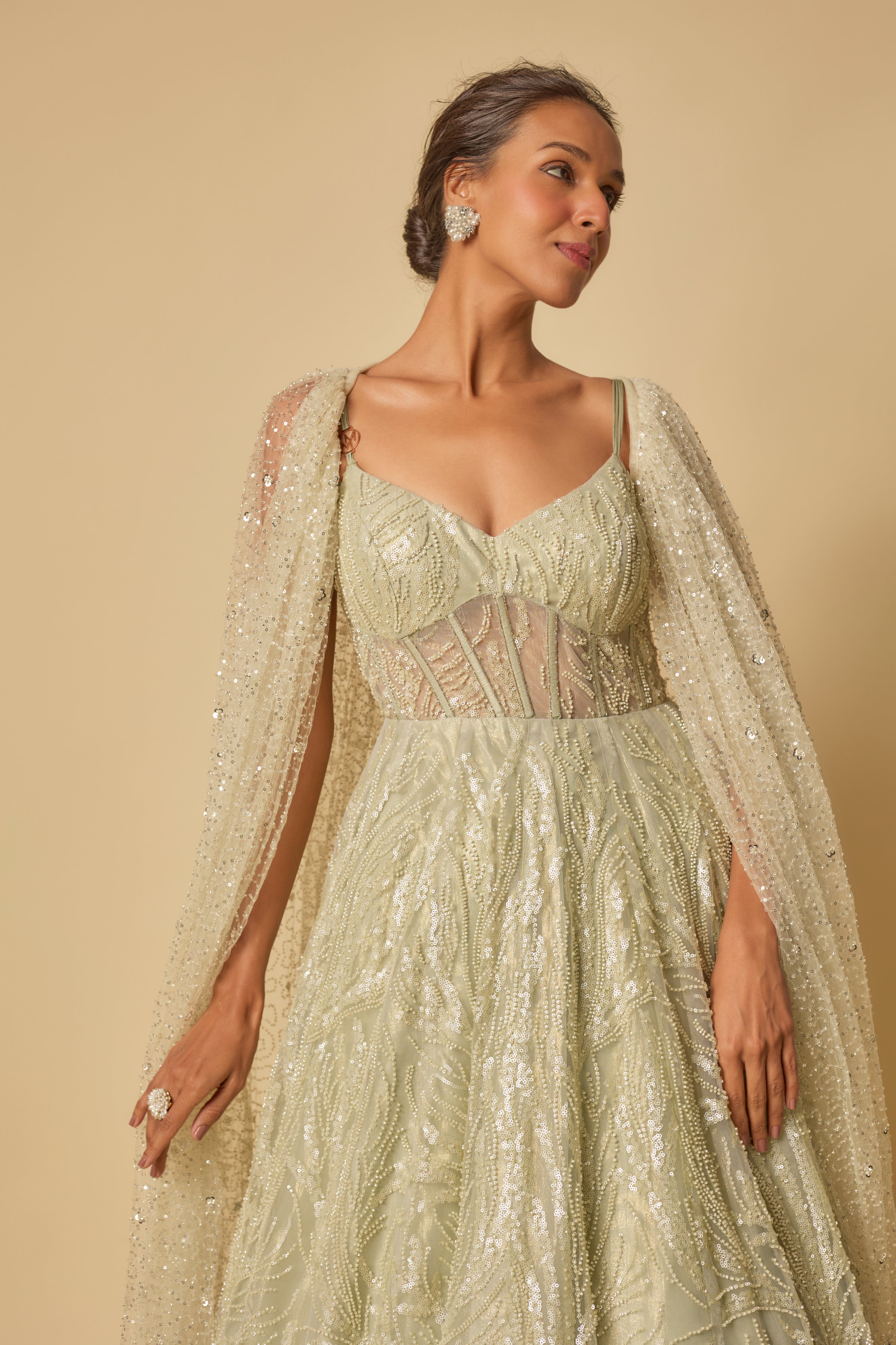 SAGE GREEN EMBROIDERED GOWN WITH LONG CAPE