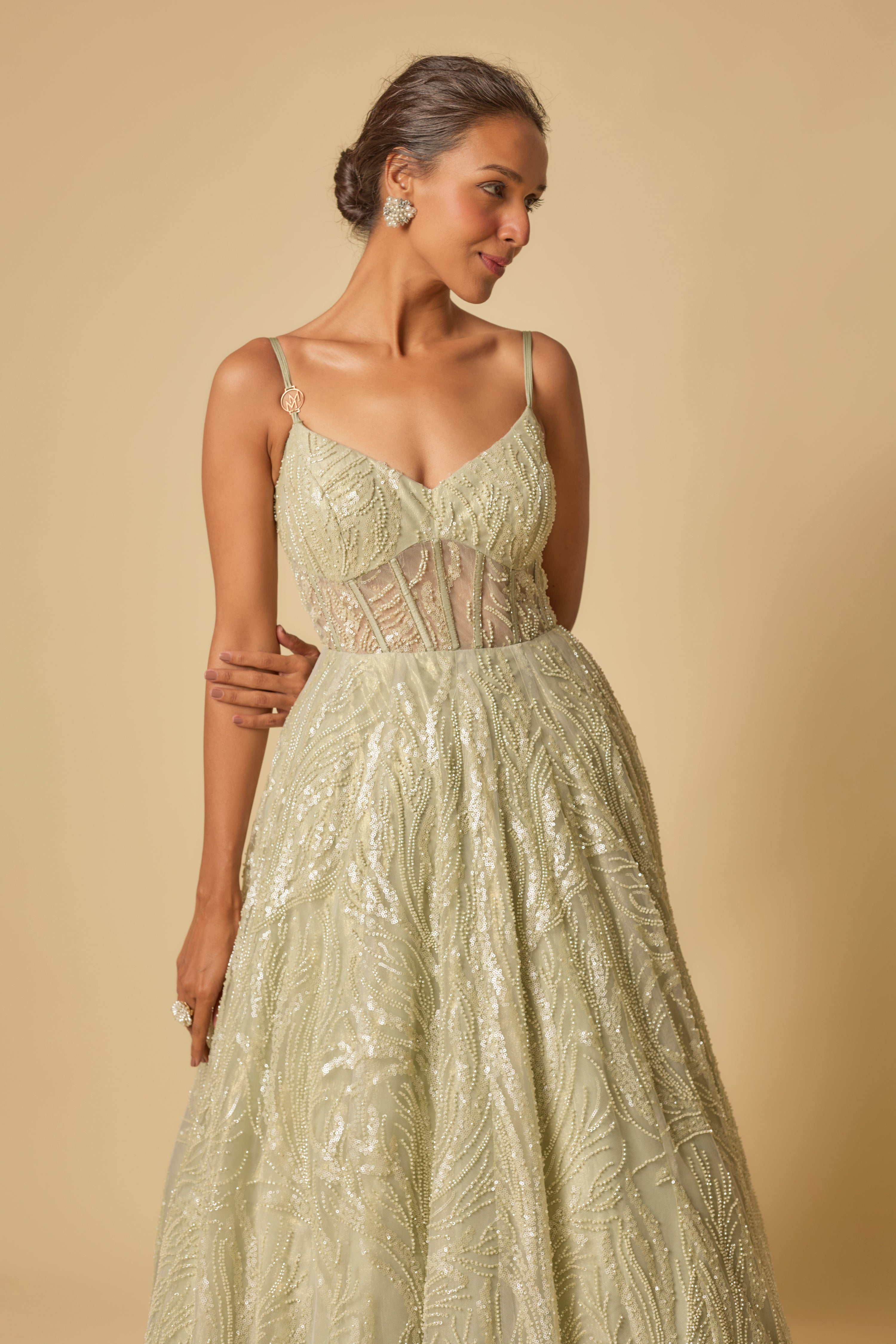SAGE GREEN EMBROIDERED GOWN WITH LONG CAPE