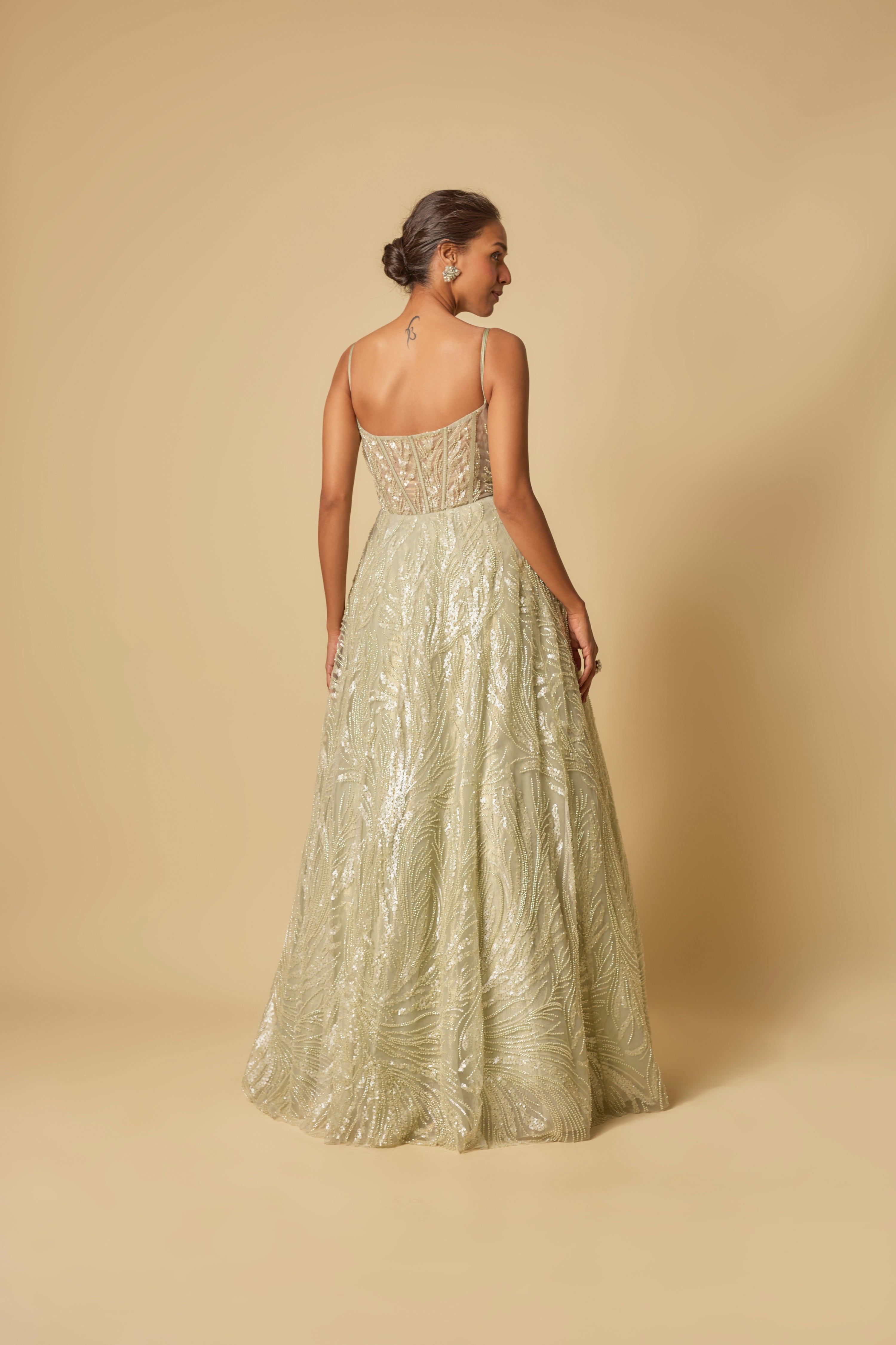 SAGE GREEN EMBROIDERED GOWN WITH LONG CAPE