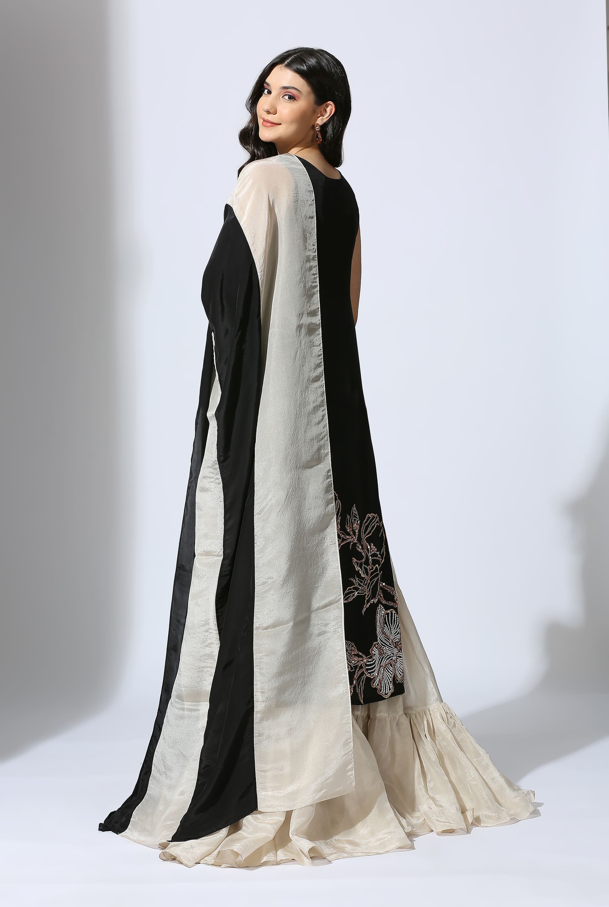 BLACK EMBROIDERED KURTA WITH TISSUE SHARARA