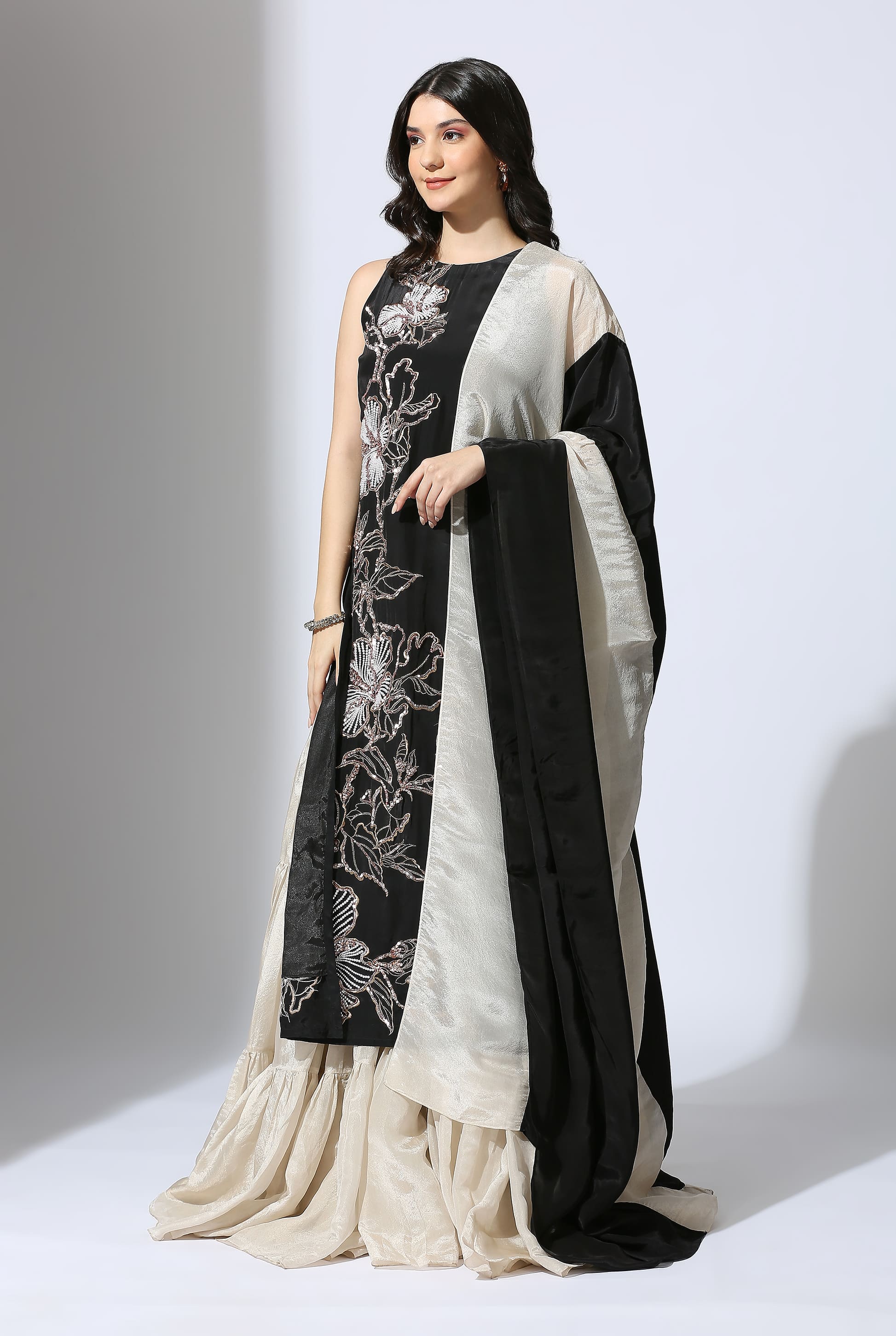 BLACK EMBROIDERED KURTA WITH TISSUE SHARARA