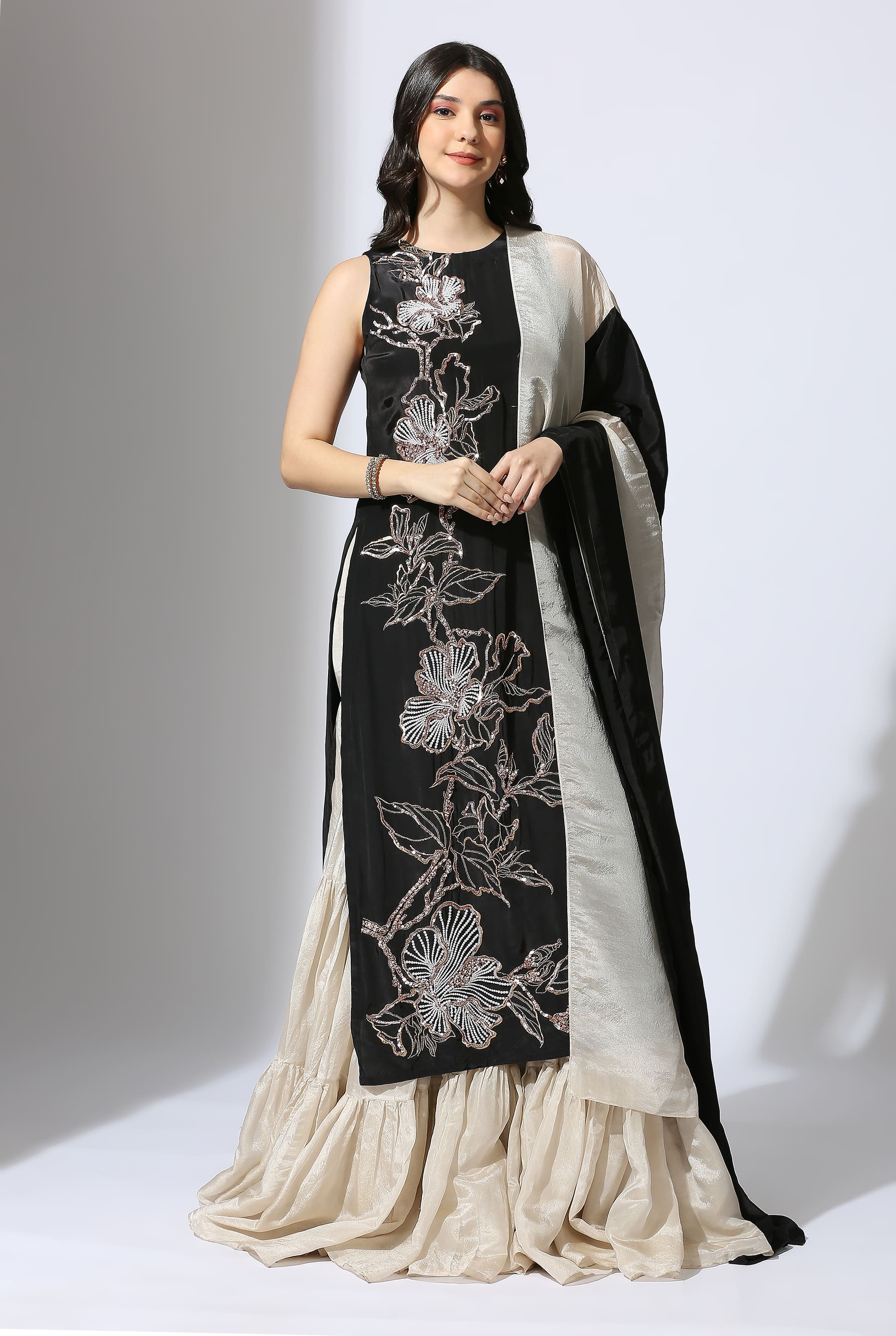 BLACK EMBROIDERED KURTA WITH TISSUE SHARARA