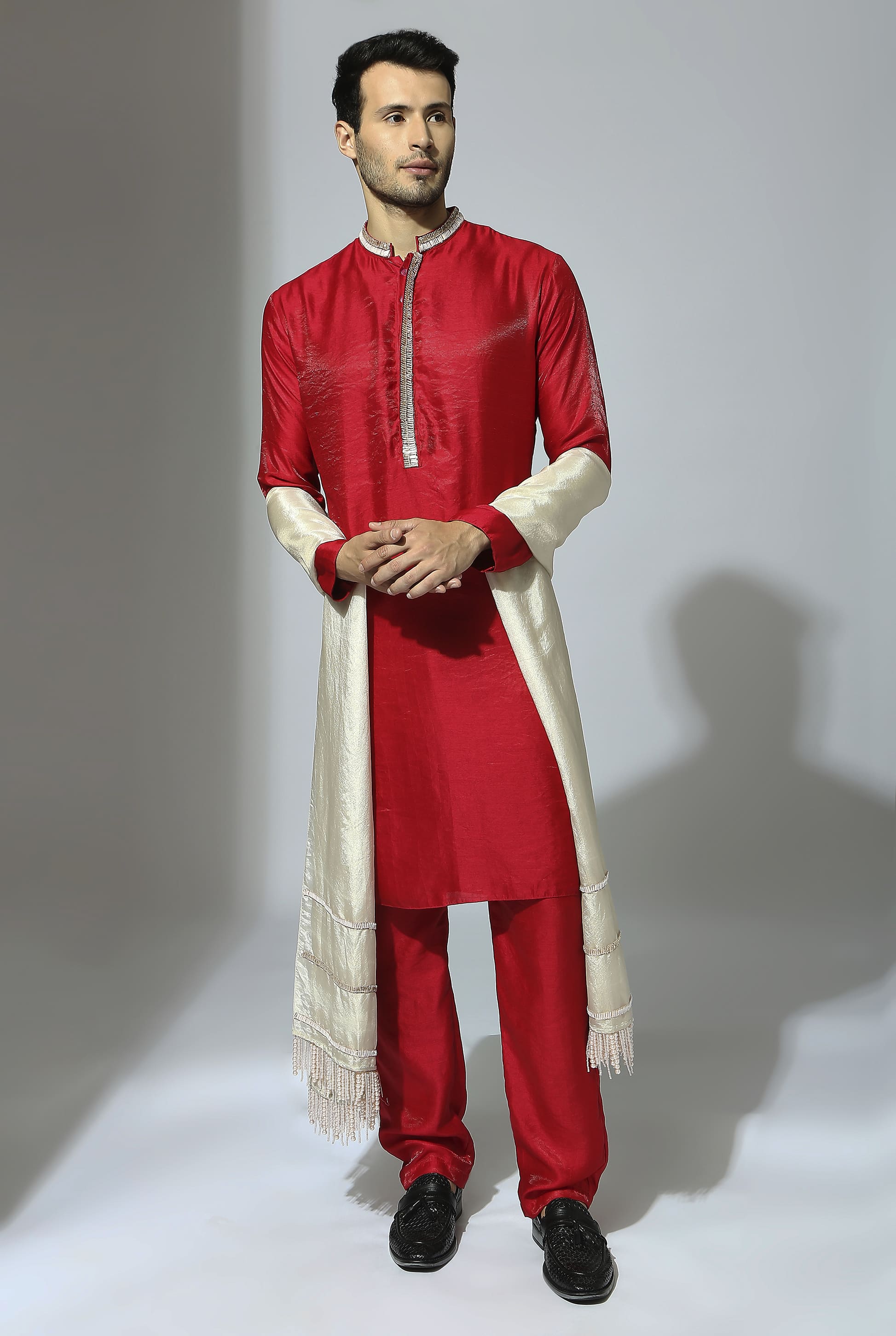 RED EMBROIDERED KURTA SET WITH TISSUE DUPATTA