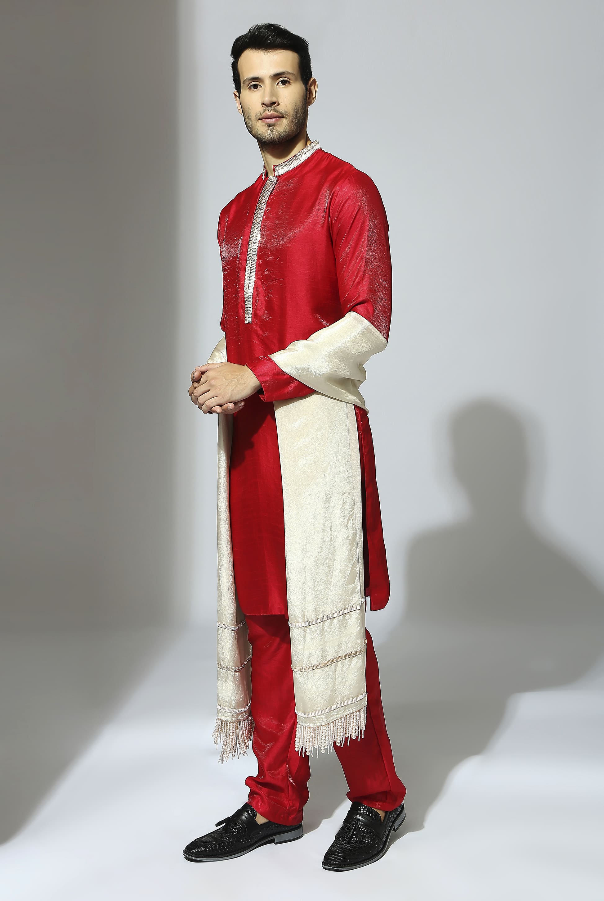 RED EMBROIDERED KURTA SET WITH TISSUE DUPATTA