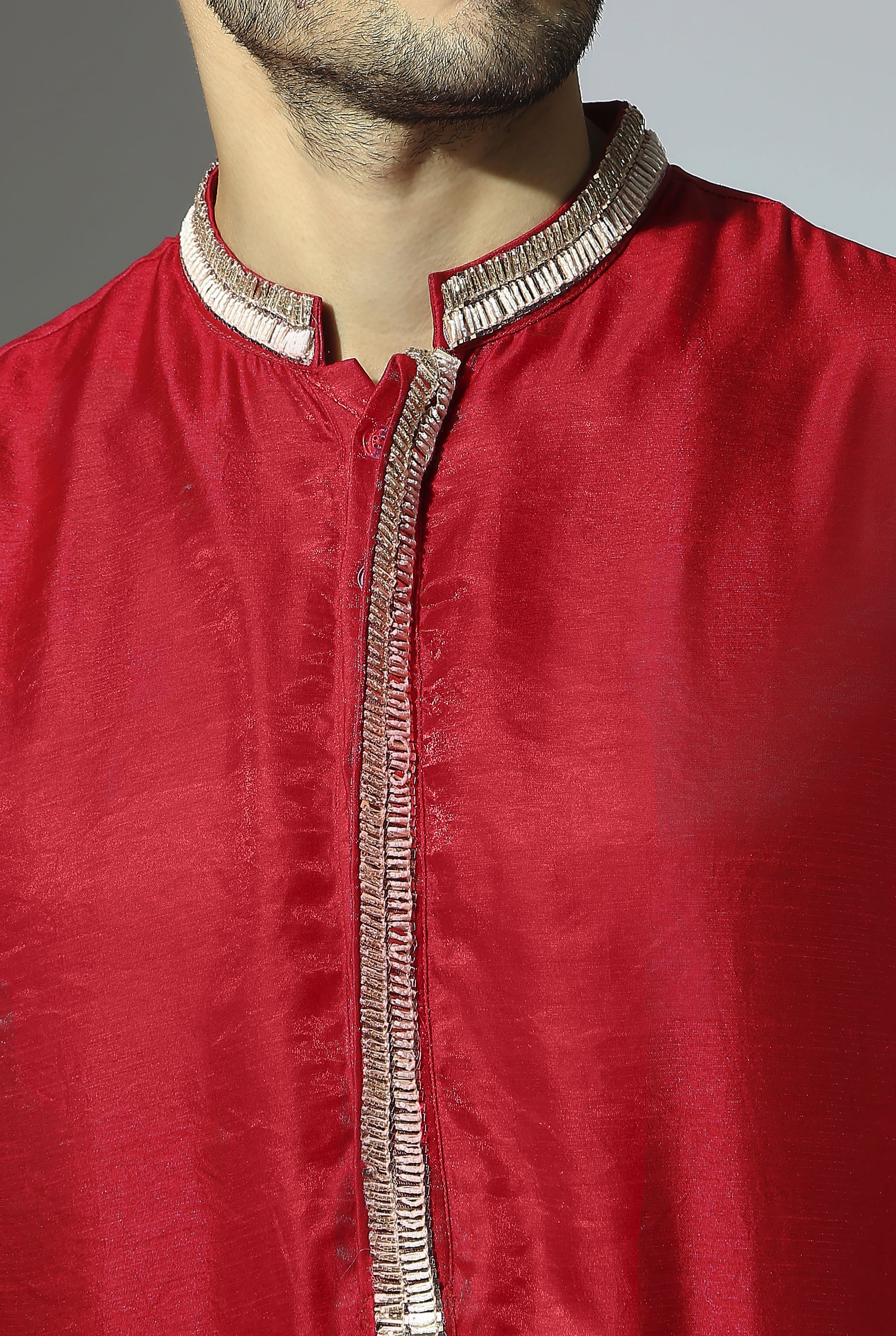 RED EMBROIDERED KURTA SET WITH TISSUE DUPATTA