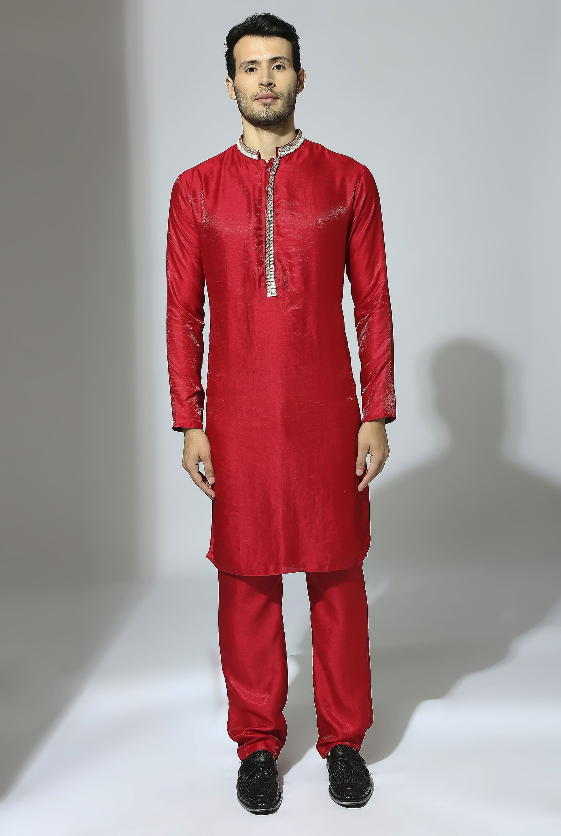 RED EMBROIDERED KURTA SET WITH TISSUE DUPATTA