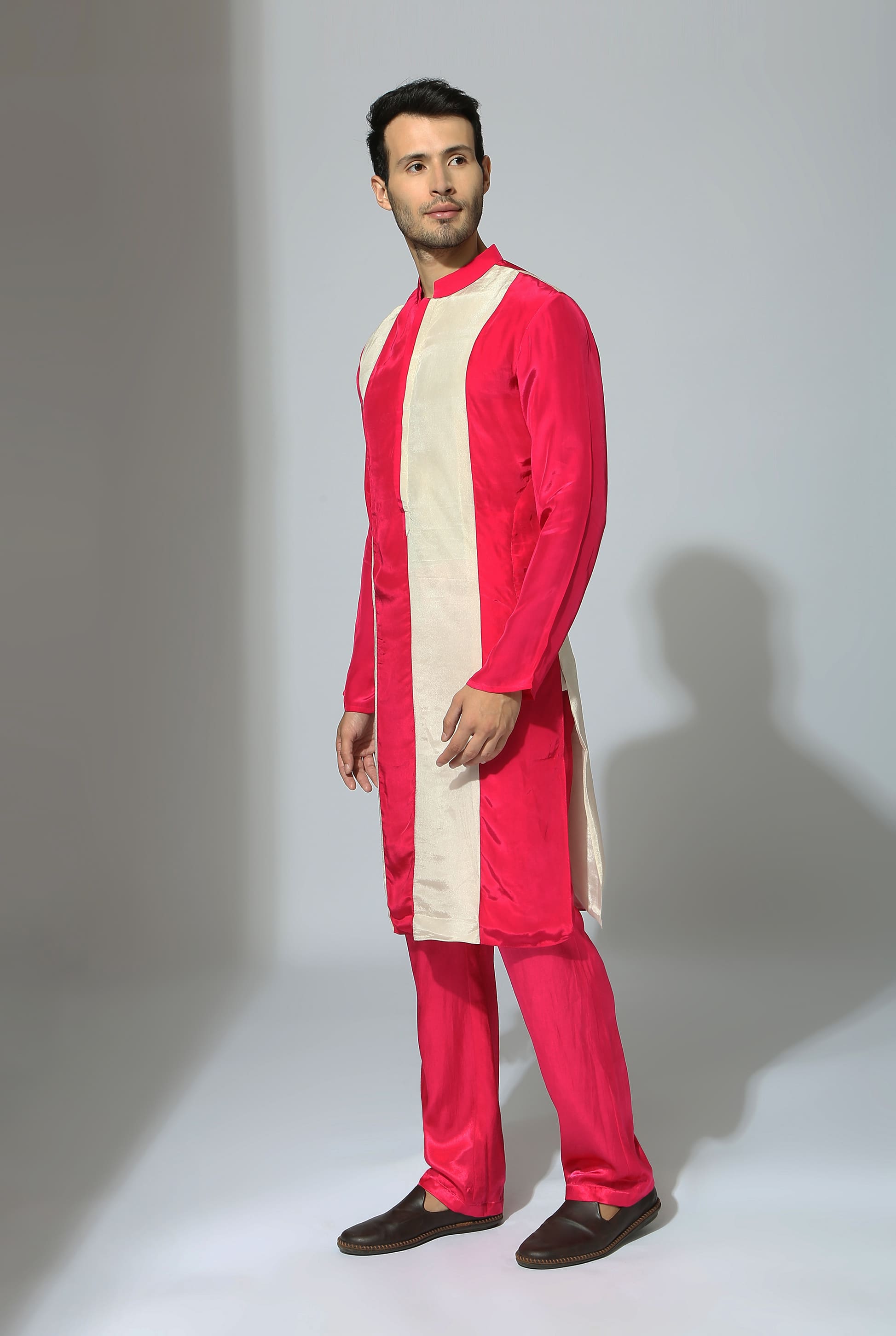 HOT PINK AND BEIGE COLOUR BLOCK KURTA