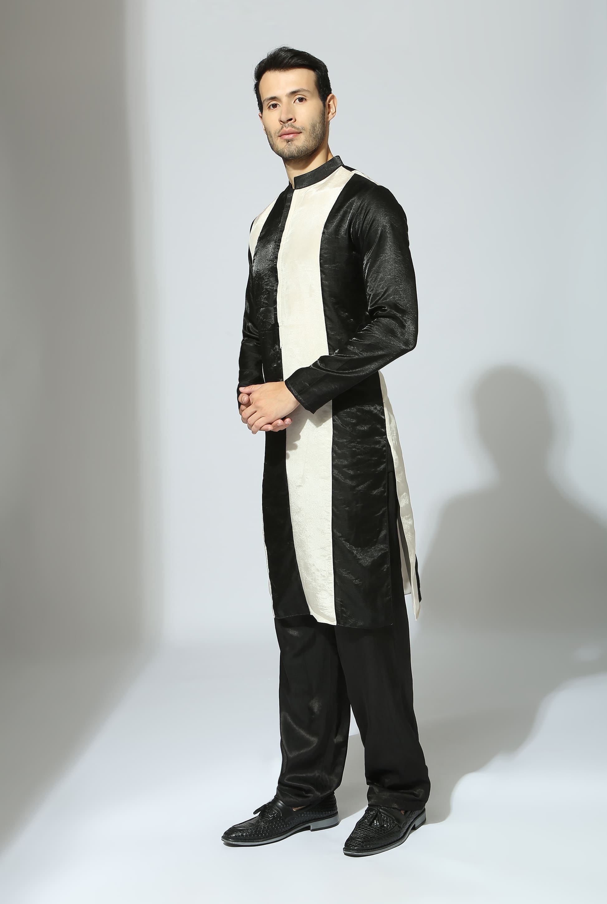 BLACK AND BEIGE COLOUR BLOCK KURTA SET