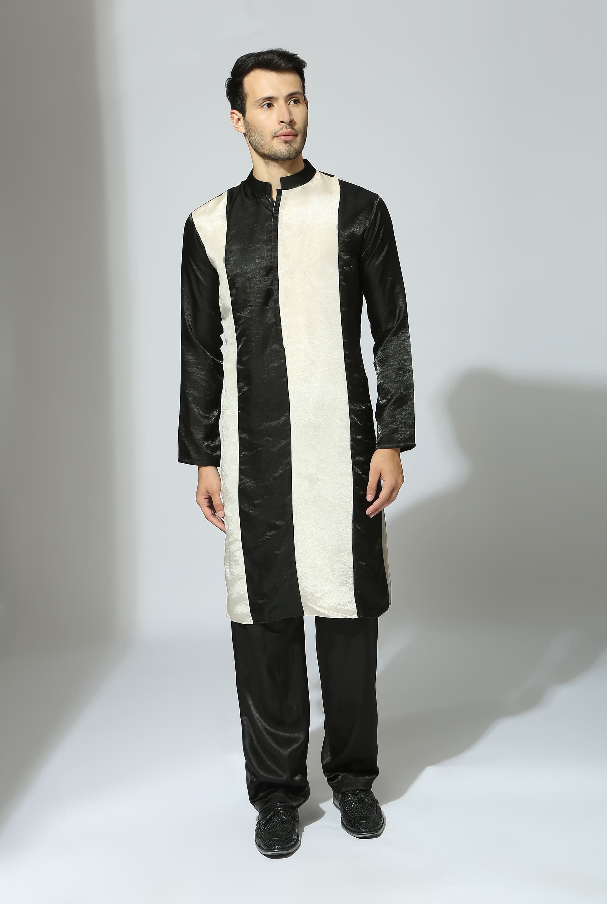 BLACK AND BEIGE COLOUR BLOCK KURTA SET