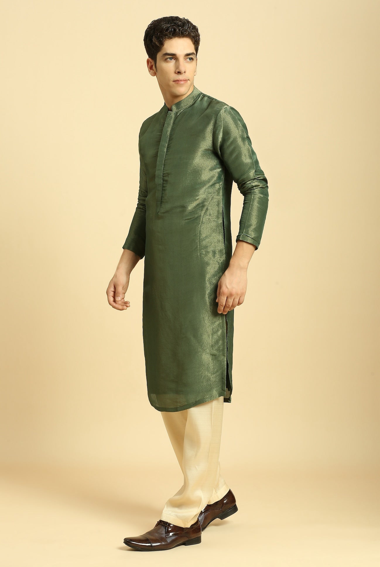 GREEN TISSUE KURTA WITH CREAM SILK PANT WITH GREEN COLOUR BLOCK DUPATTA