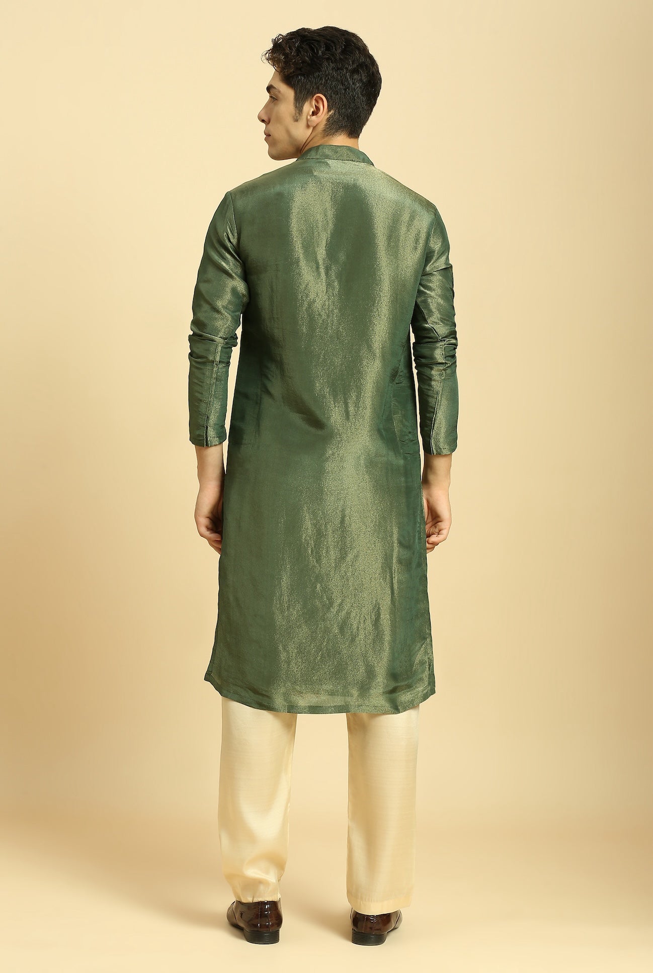 GREEN TISSUE KURTA WITH CREAM SILK PANT WITH GREEN COLOUR BLOCK DUPATTA